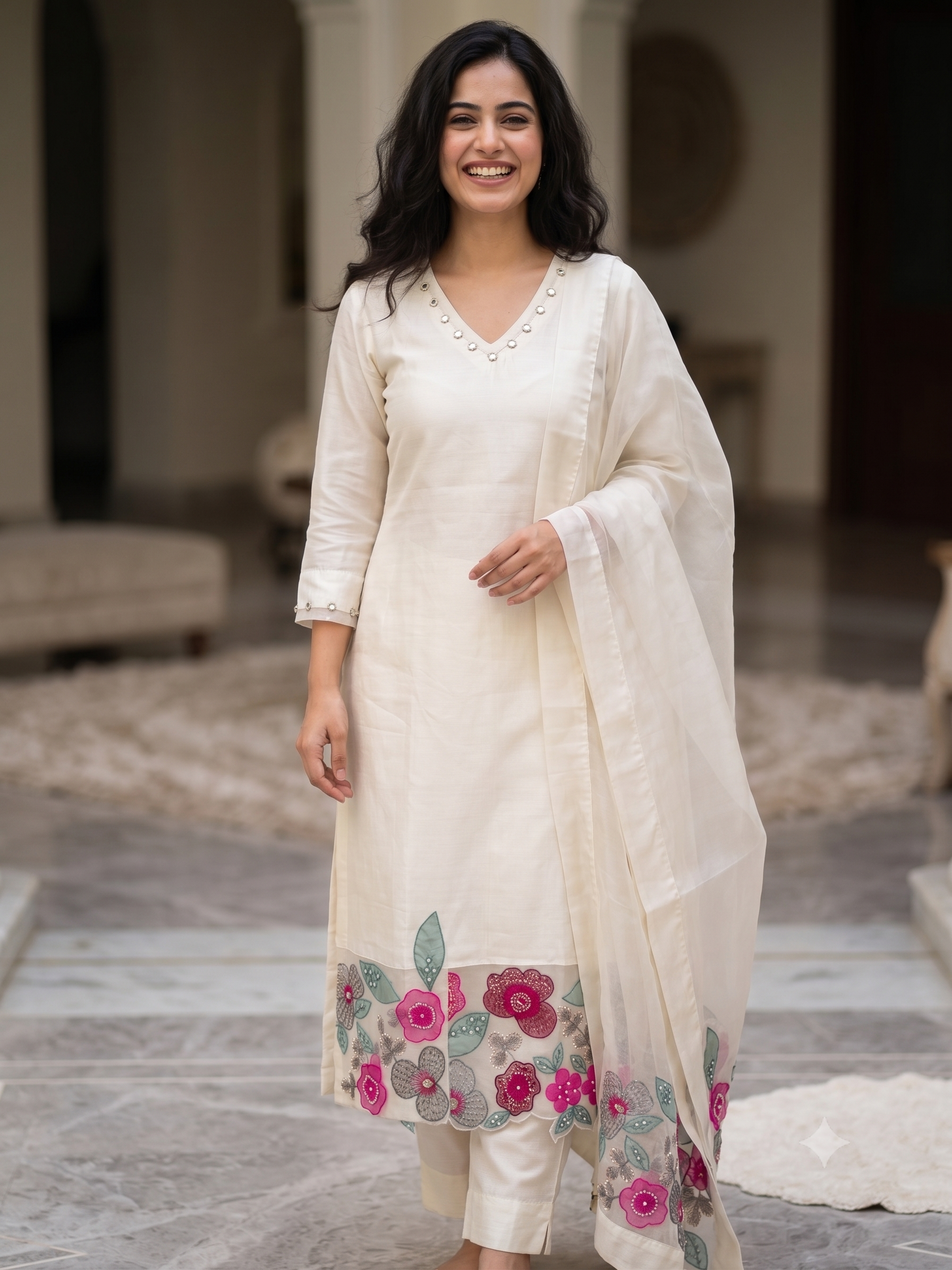 A1558- Premium Dola Silk Suit with intricate Organza Appliqué Patchwork & Handwork detailing, paired with matching Pants & Dupatta.
