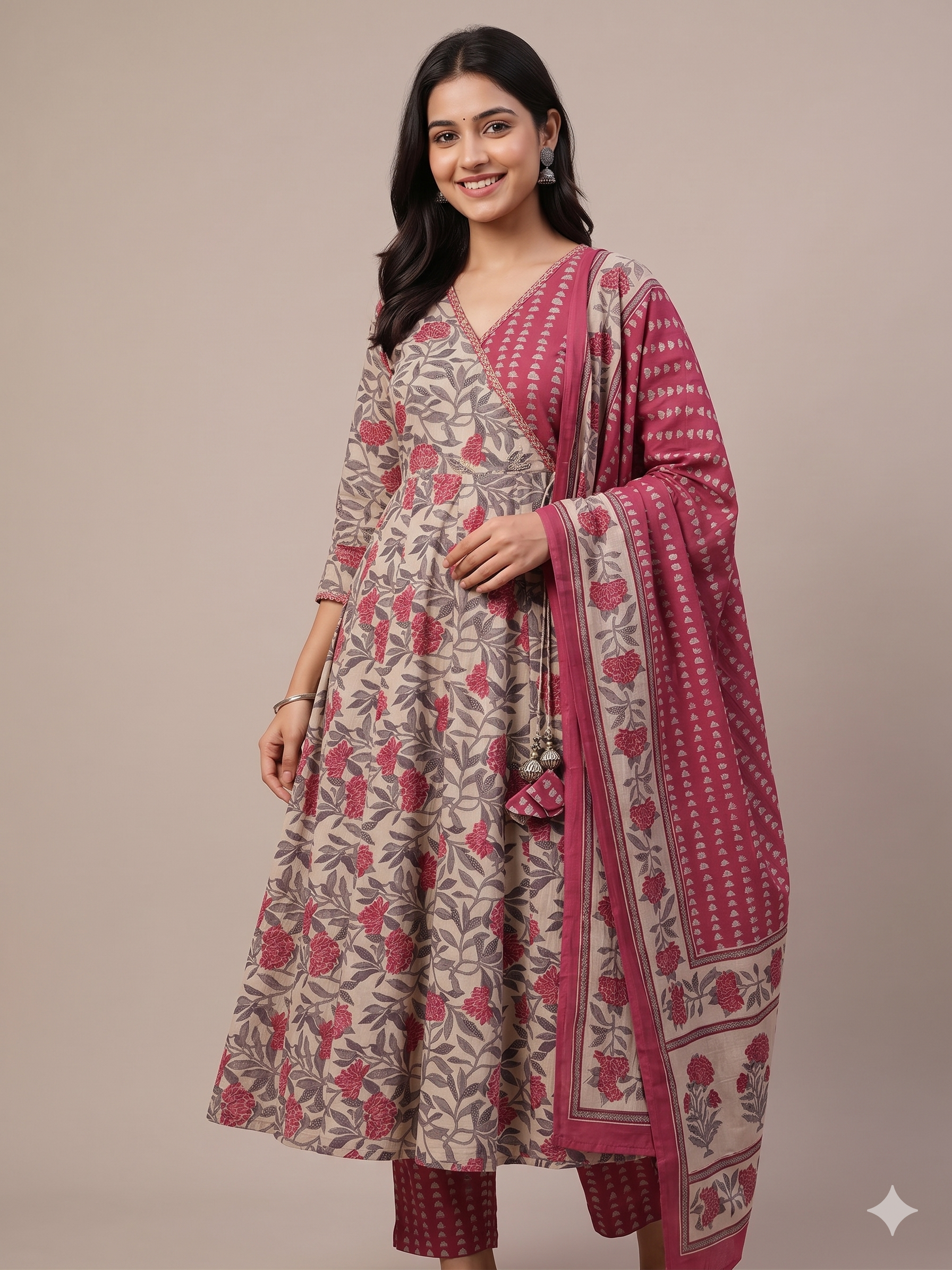 A3978- Pure Cotton Angarkha-style Anarkali Suit featuring Floral & Geometric prints, with Pants & Dupatta.