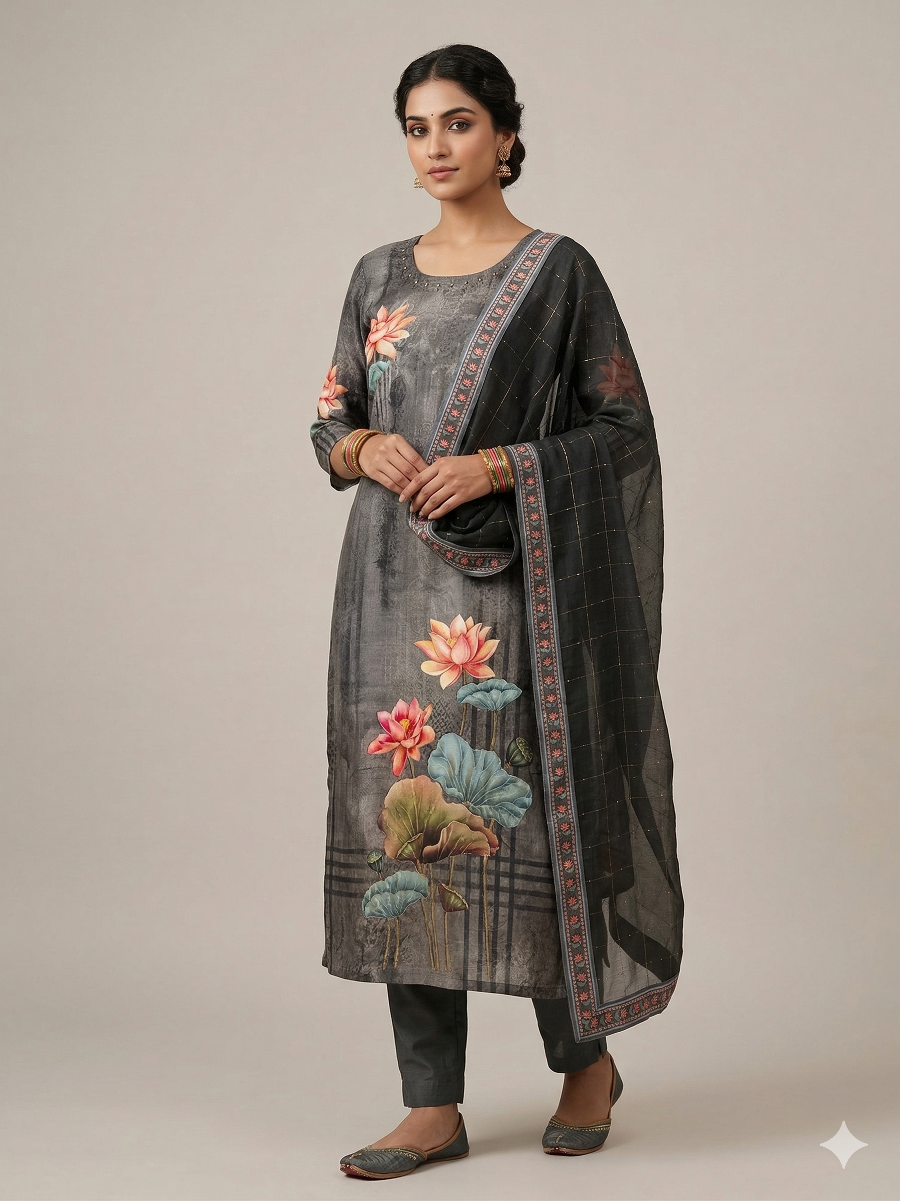 A4063 - HO Silk Digital Print Kurti with Pants & a Bordered Dupatta.