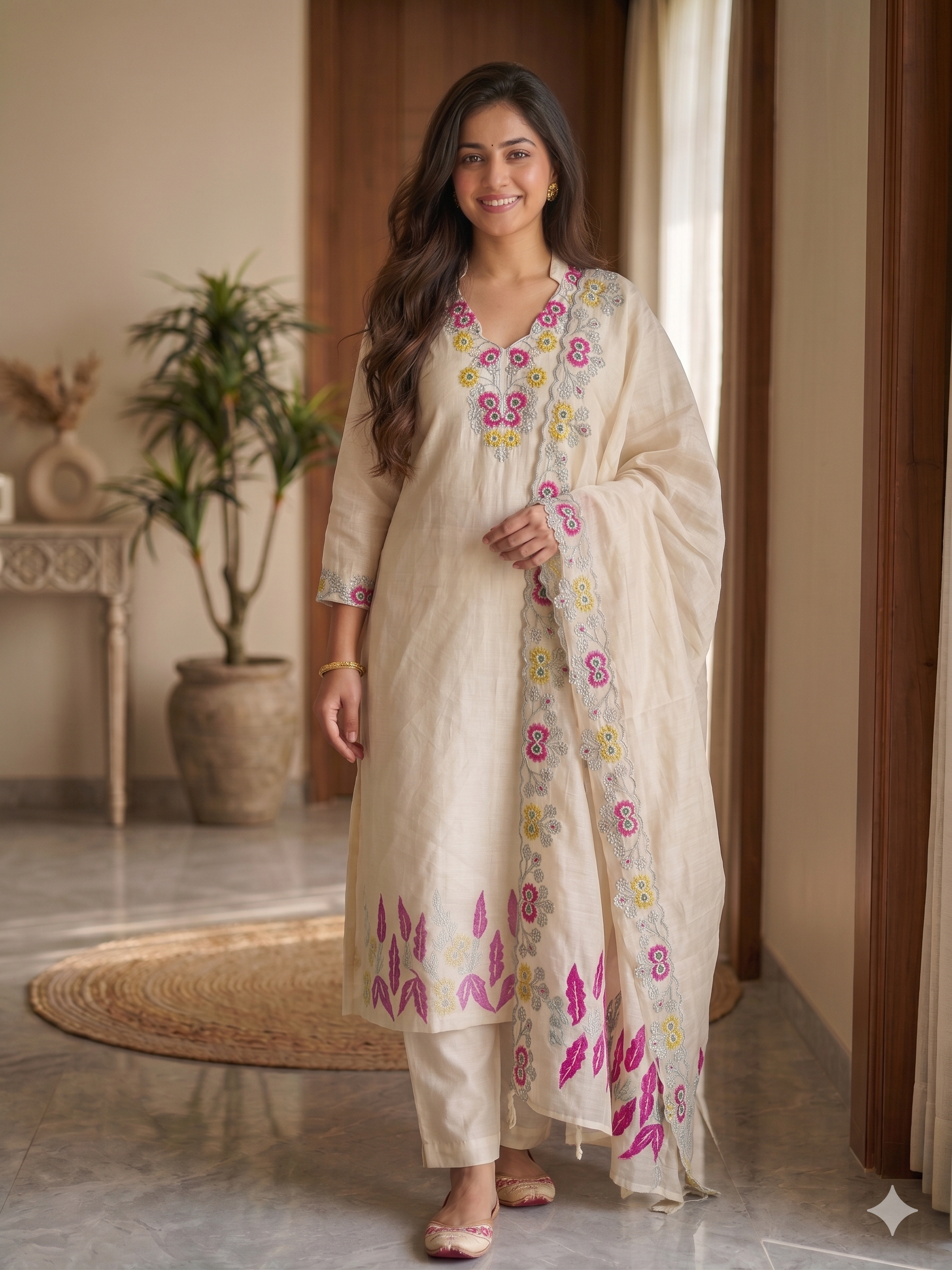A1552- Pure Silk Suit featuring Appliqué Patchwork & delicate Handwork detailing, paired with Pants & a sheer Pure Organza Dupatta.