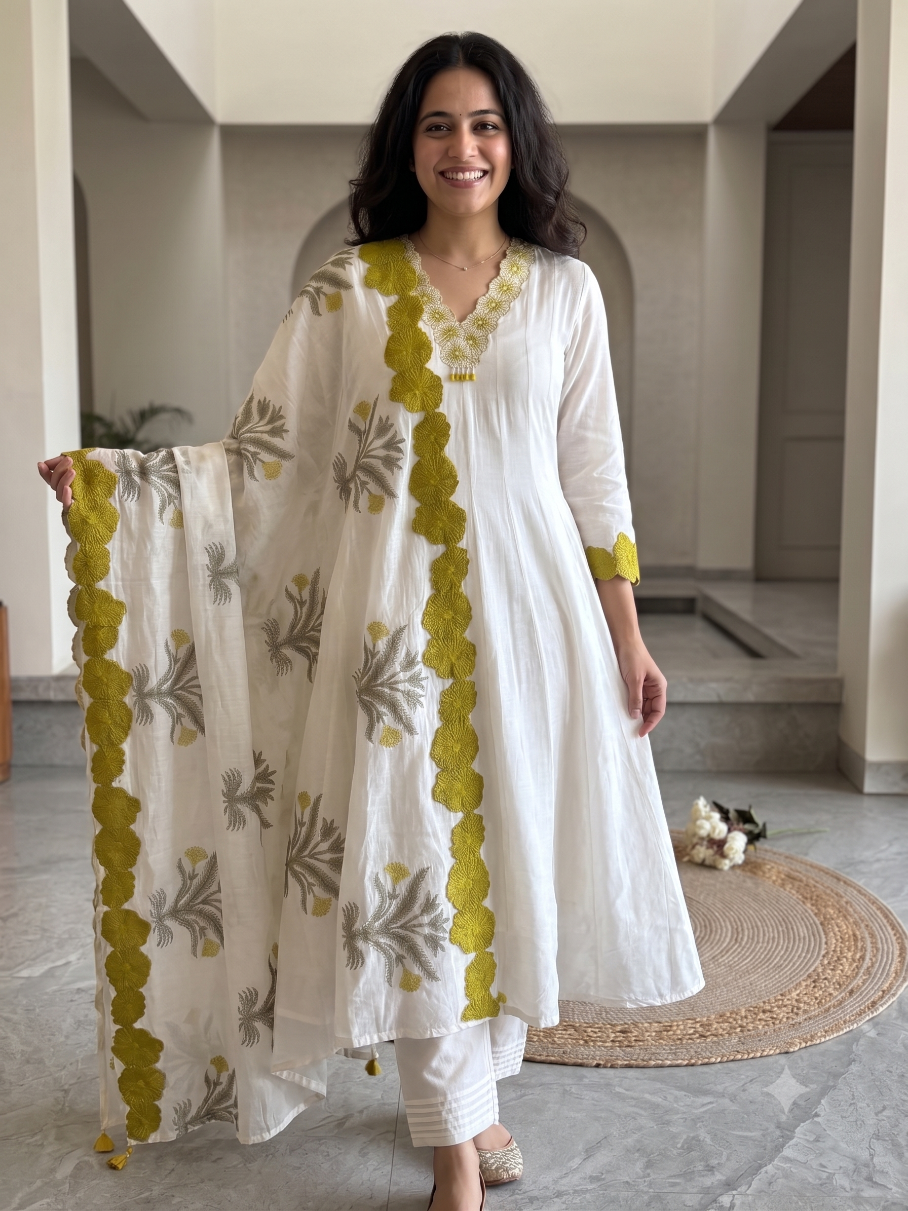 A3968- Pure Mul Cotton Anarkali Set featuring Handworked Floral Neckline, Graceful Flare, matching Pants, & Block-printed Patchwork Dupatta