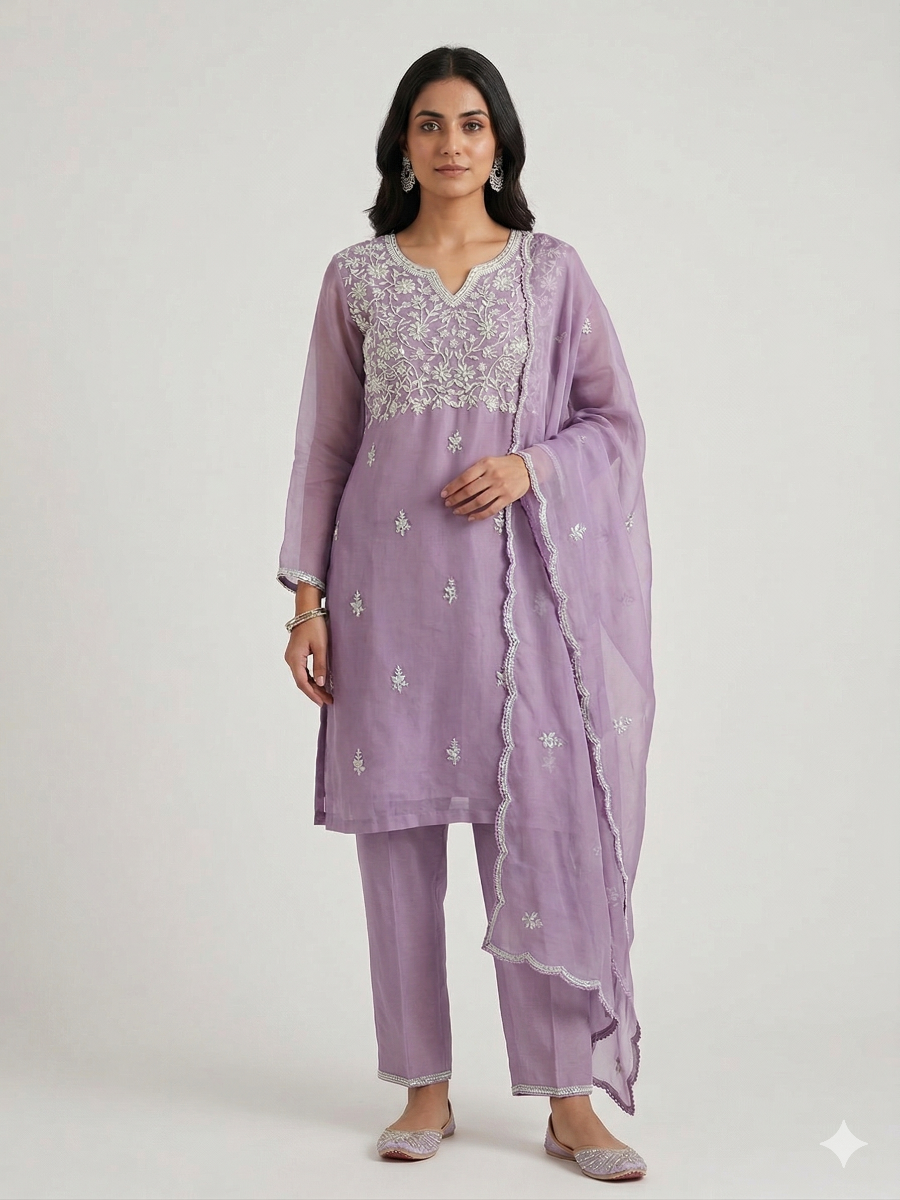 A1582 - Organza Kurti featuring Intricate Chikankari work, paired with Pants and Dupatta.