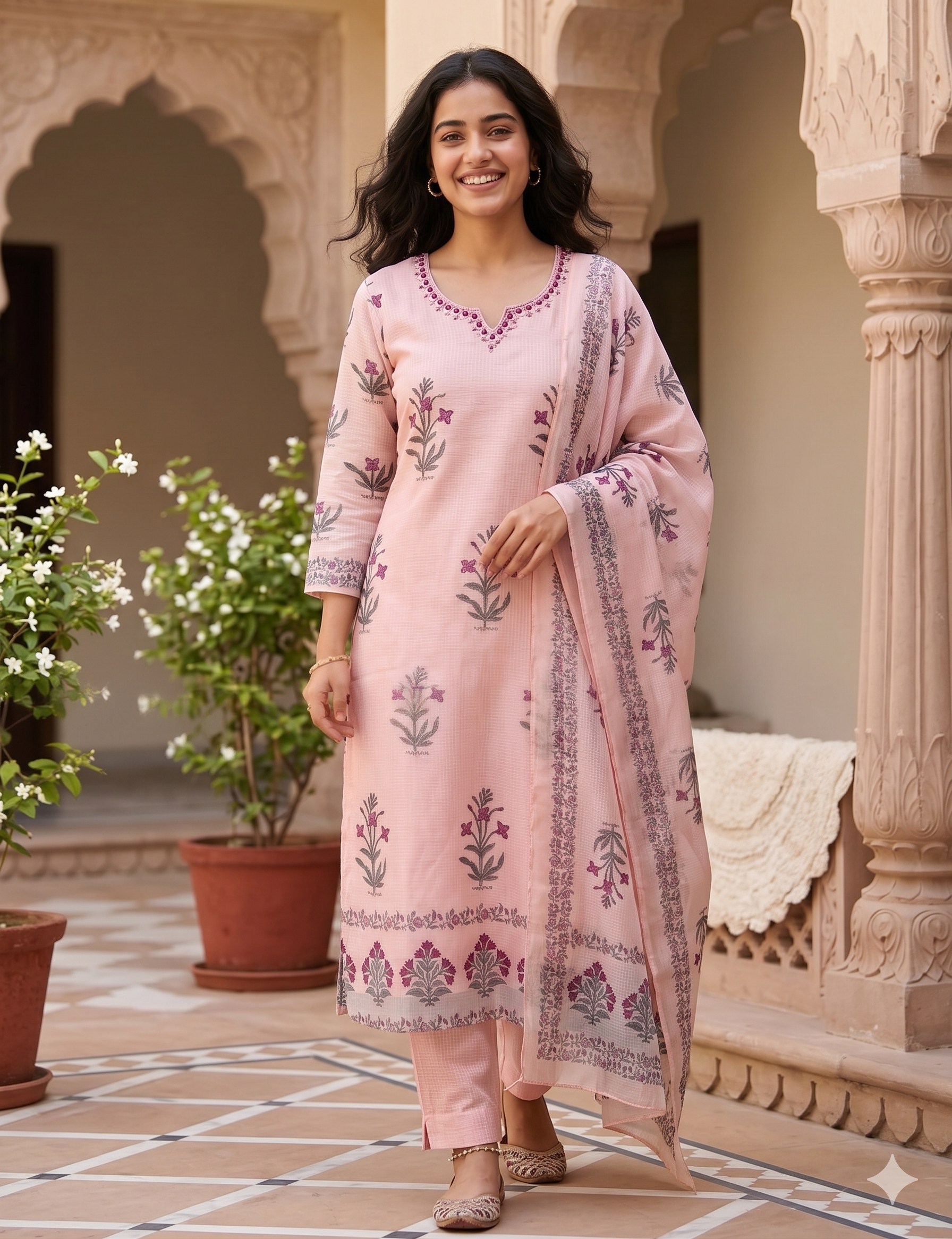 A4029- Kota Doriya Kurti Set featuring delicate Hand Block Floral Prints, Neckline detailing, matching Pants, & a Printed Dupatta.