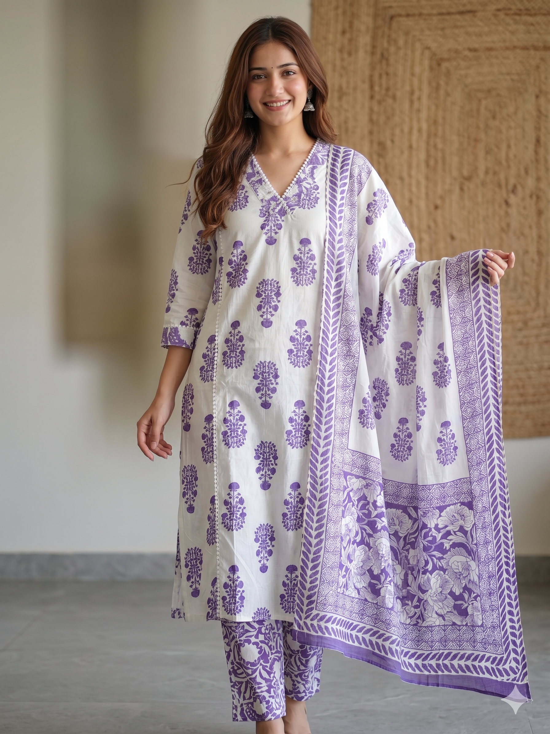 A4025- Pure Cotton Suit featuring Block-Printed Floral Motifs, delicate Lace detailing, matching Pants & Dupatta.