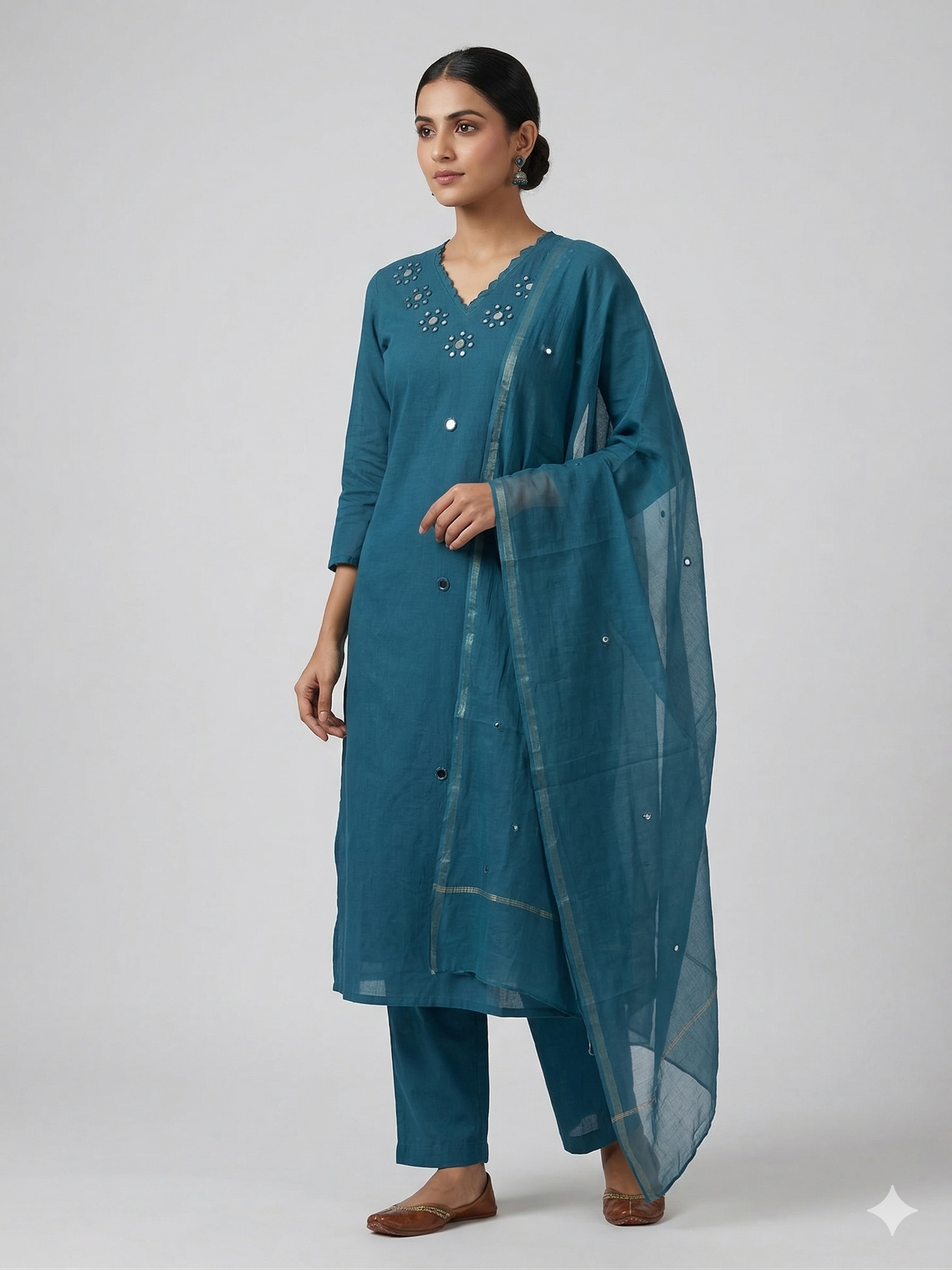 A4056 - Pure Cotton Kurti with Delicate Mirror Work on the Neckline, Mul Mul Dupatta & Pants.