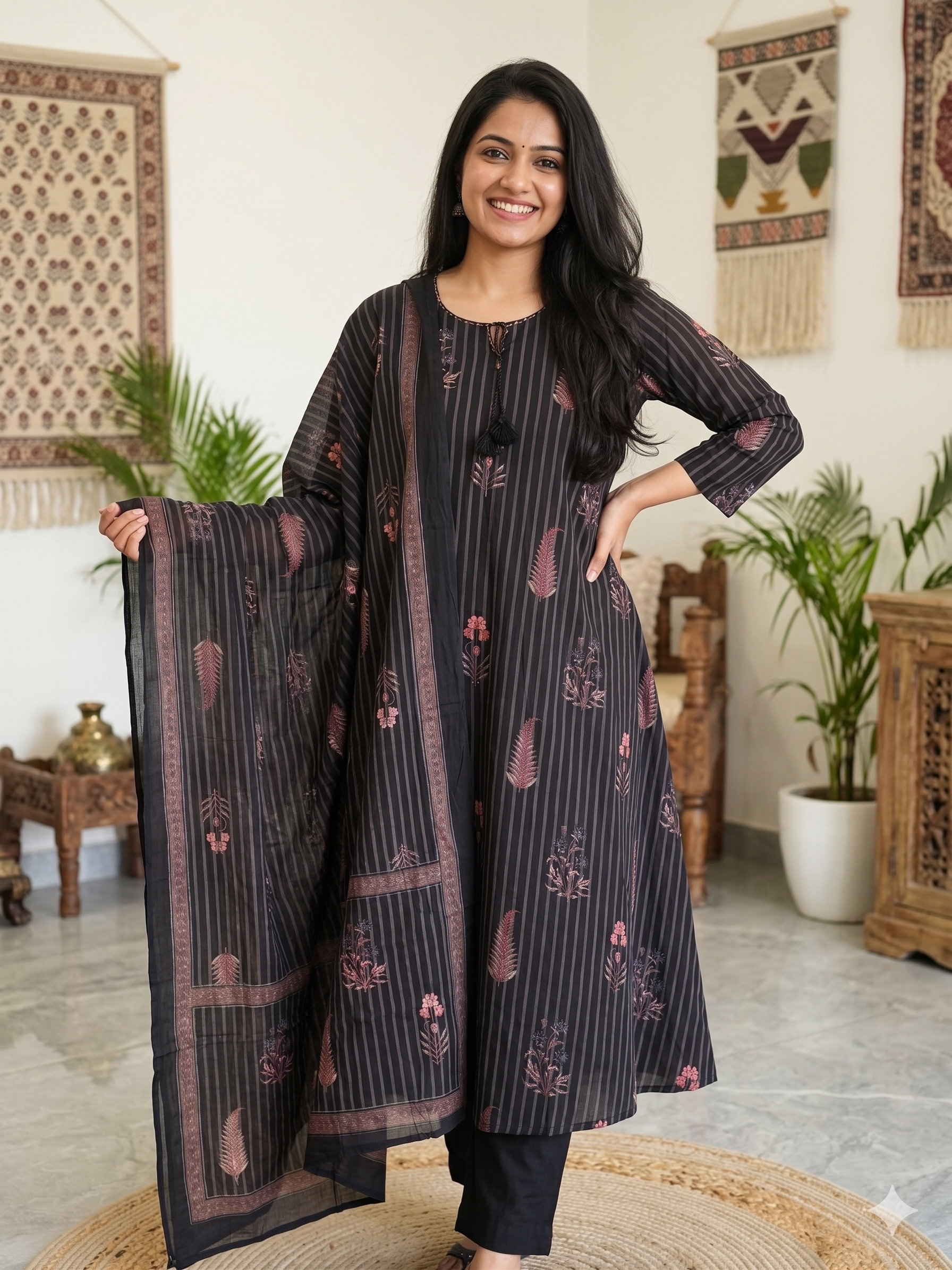 A4019- Pure Cotton A-Line Suit with Elegant Striped Patterns, Delicate Floral Prints, with Pants & Dupatta.