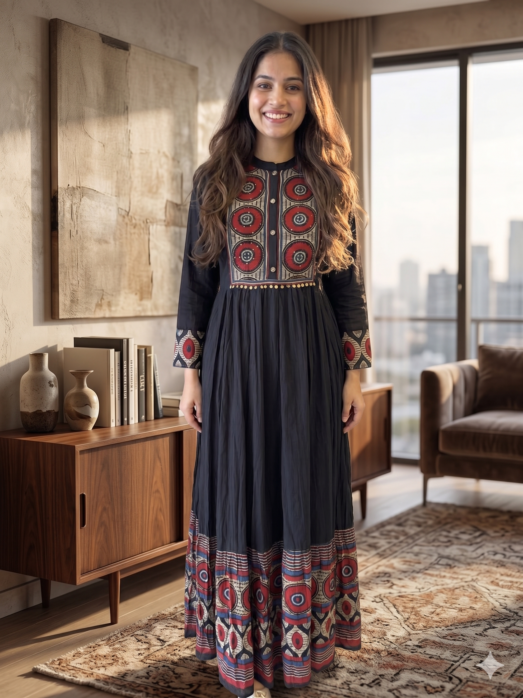 A3914- Pure Cotton Flared Gown adorned with vibrant prints on the Yoke, Sleeves & hem & elegant button detailing.