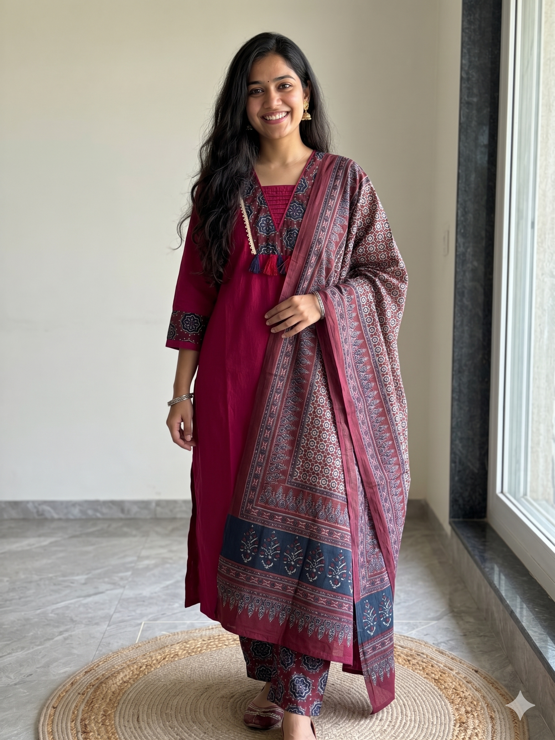 A4024- Pure Cotton Kurti with Statement Yoke Design and Tassels, Printed Pants & Dupatta.