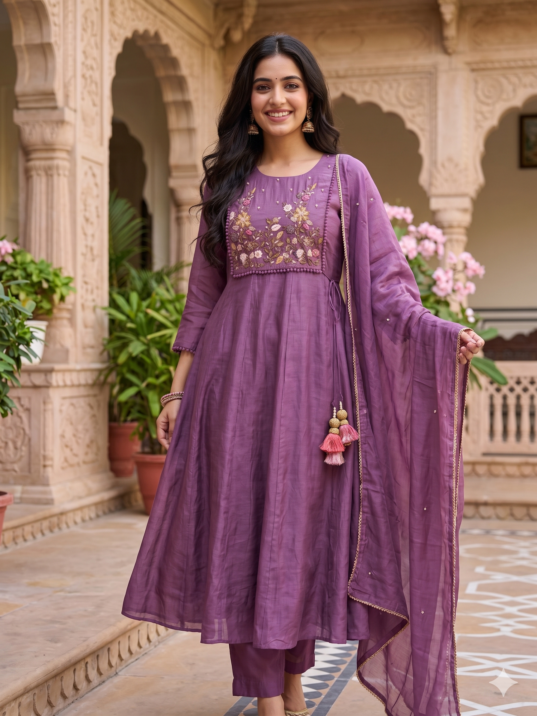 A2642- HO Silk A-Line Suit featuring an Overlap Jacket-Style Hand Embroidered Heavy, Paired with Pants & a Dupatta.
