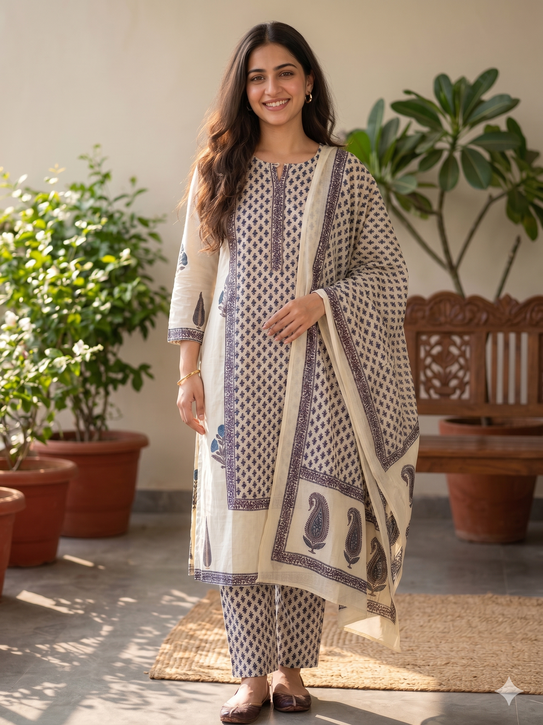 A3923- Pure Cotton Suit with Handblock & Floral Prints, a Printed Bottom & Dupatta.