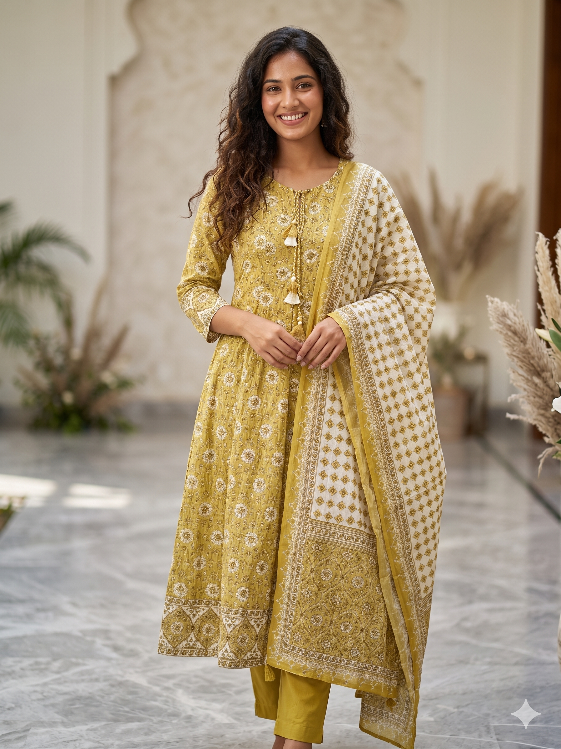 A4016- Pure Cotton Printed Anarkali Suit paired with Pants & Contrast Printed Dupatta.