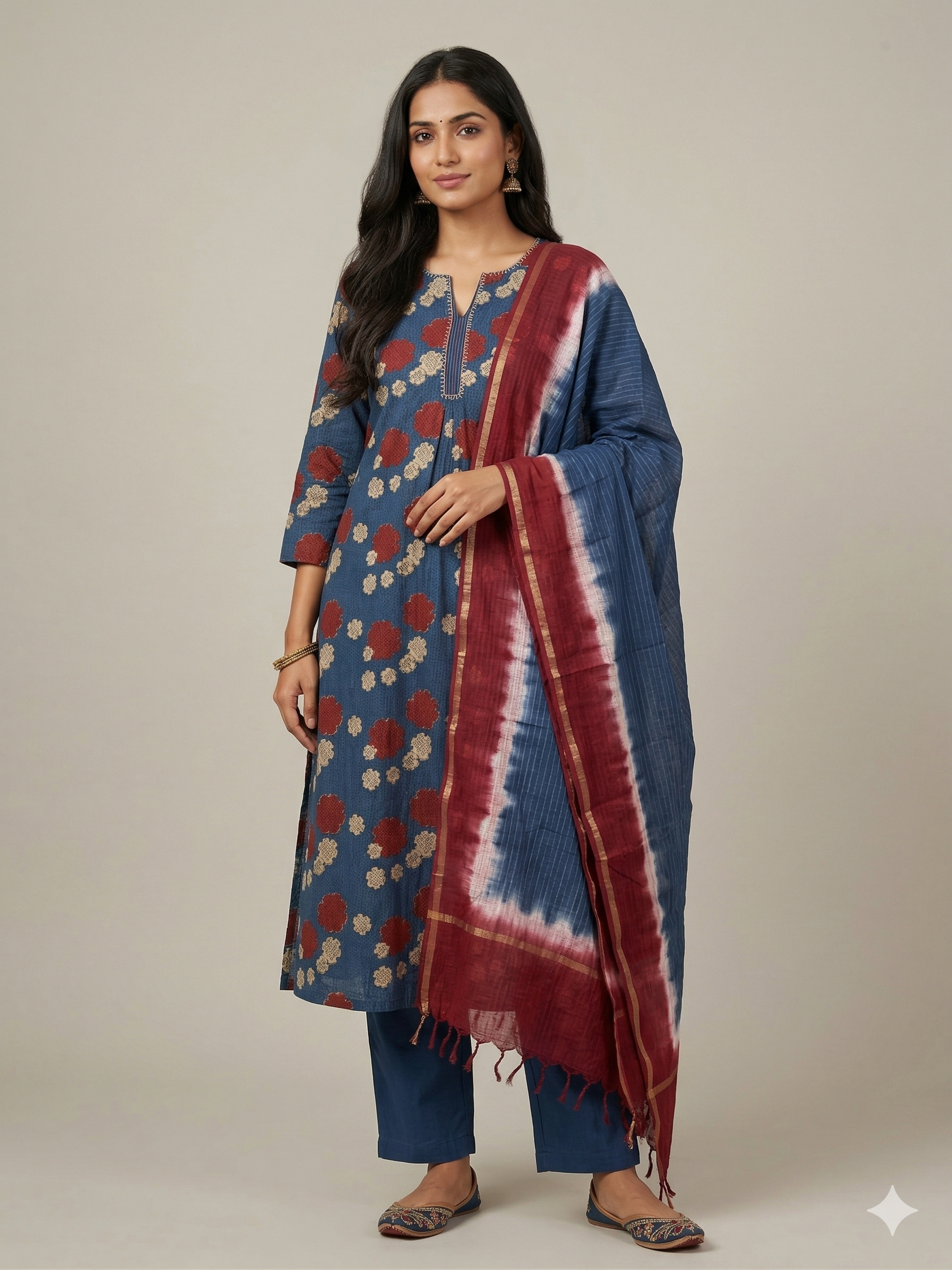 A3904 - Indigo Cotton Kurti with Bold Prints, Shaded Dupatta & Pants.