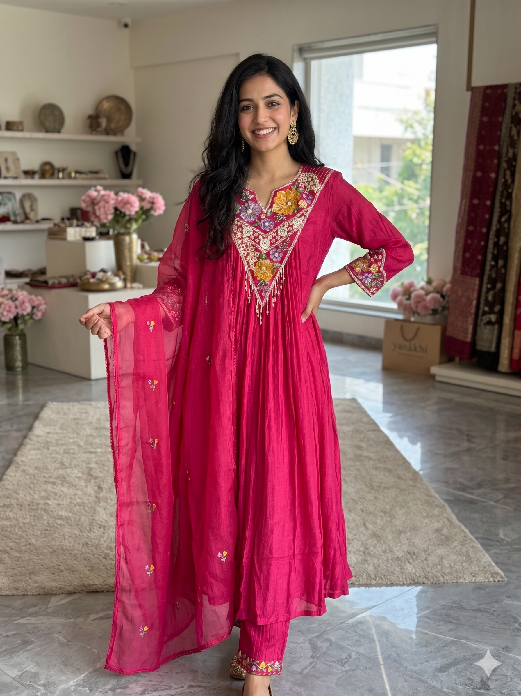 A1657- Elegant Chinon A-Line Suit with vibrant Floral Embroidery on the Yoke & Sleeves, with Pants and a delicately Embroidered Dupatta.