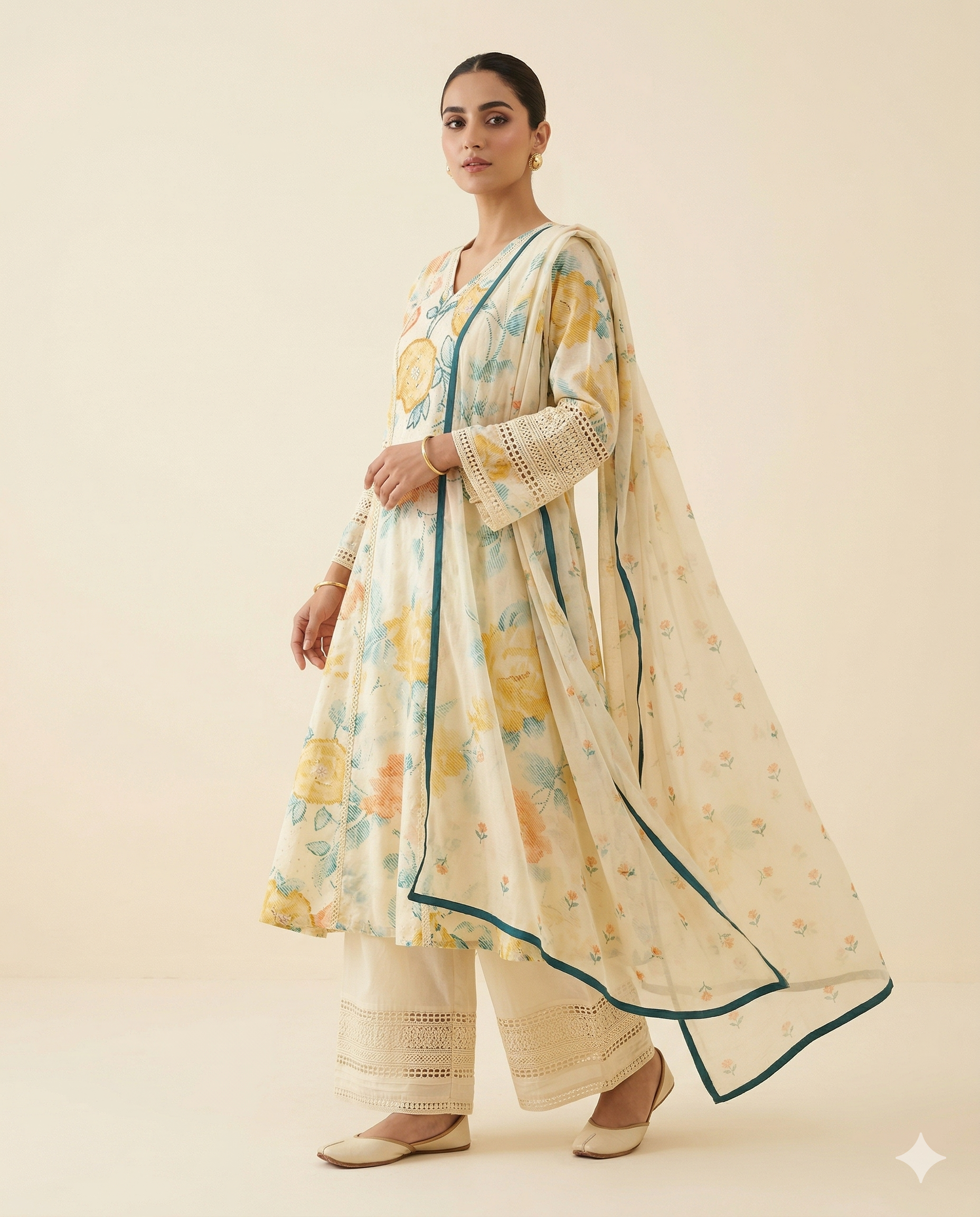 A3931 - Premium Hakoba Cotton A-line Suit with Palazzo & Dupatta for effortless elegance.