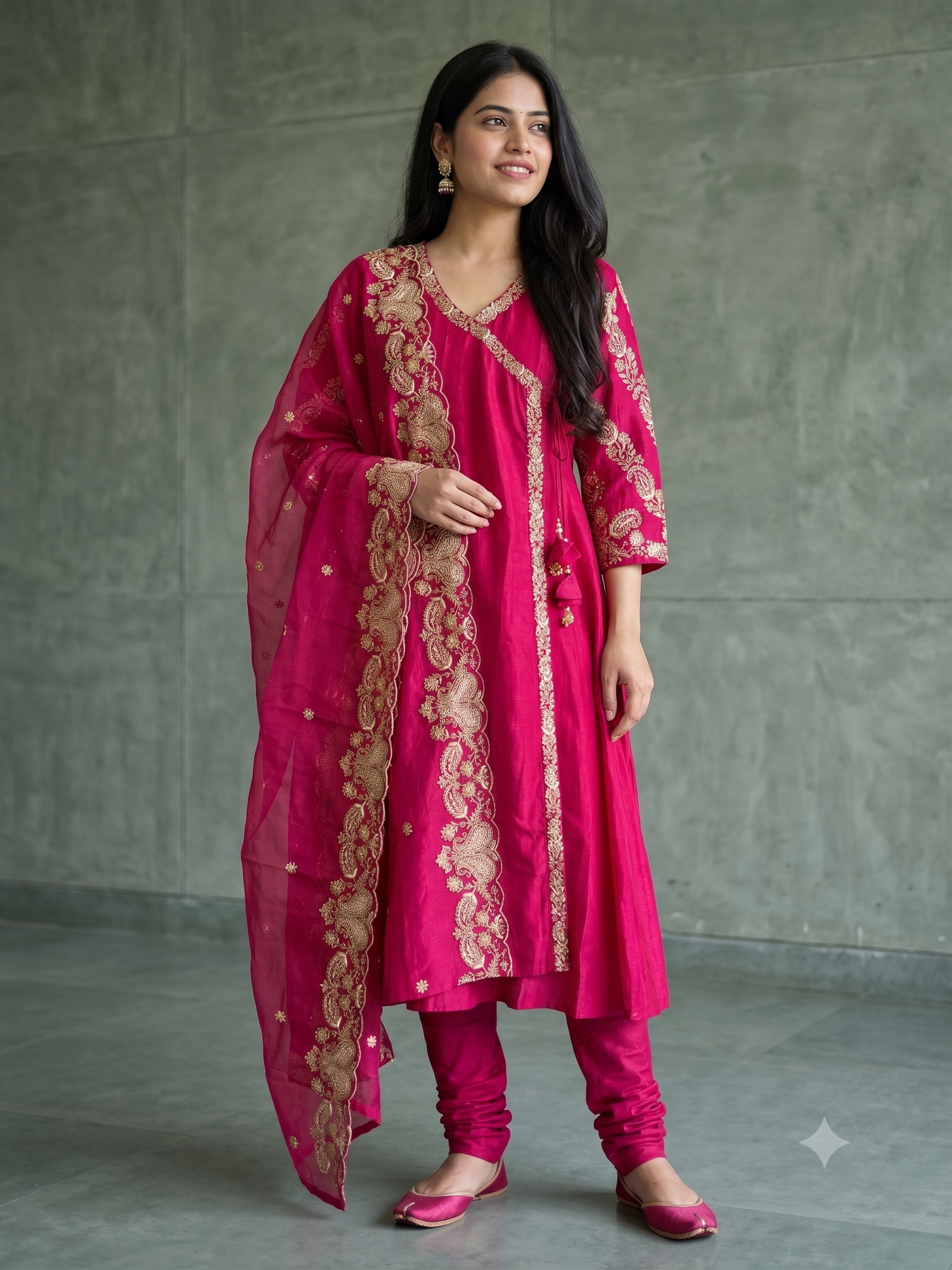 A4150- Dola Silk Angrakha Suit featuring all-over Embroidery, heavily embellished Sleeves, Matching Pants, & Embroidered Heavy Dupatta.