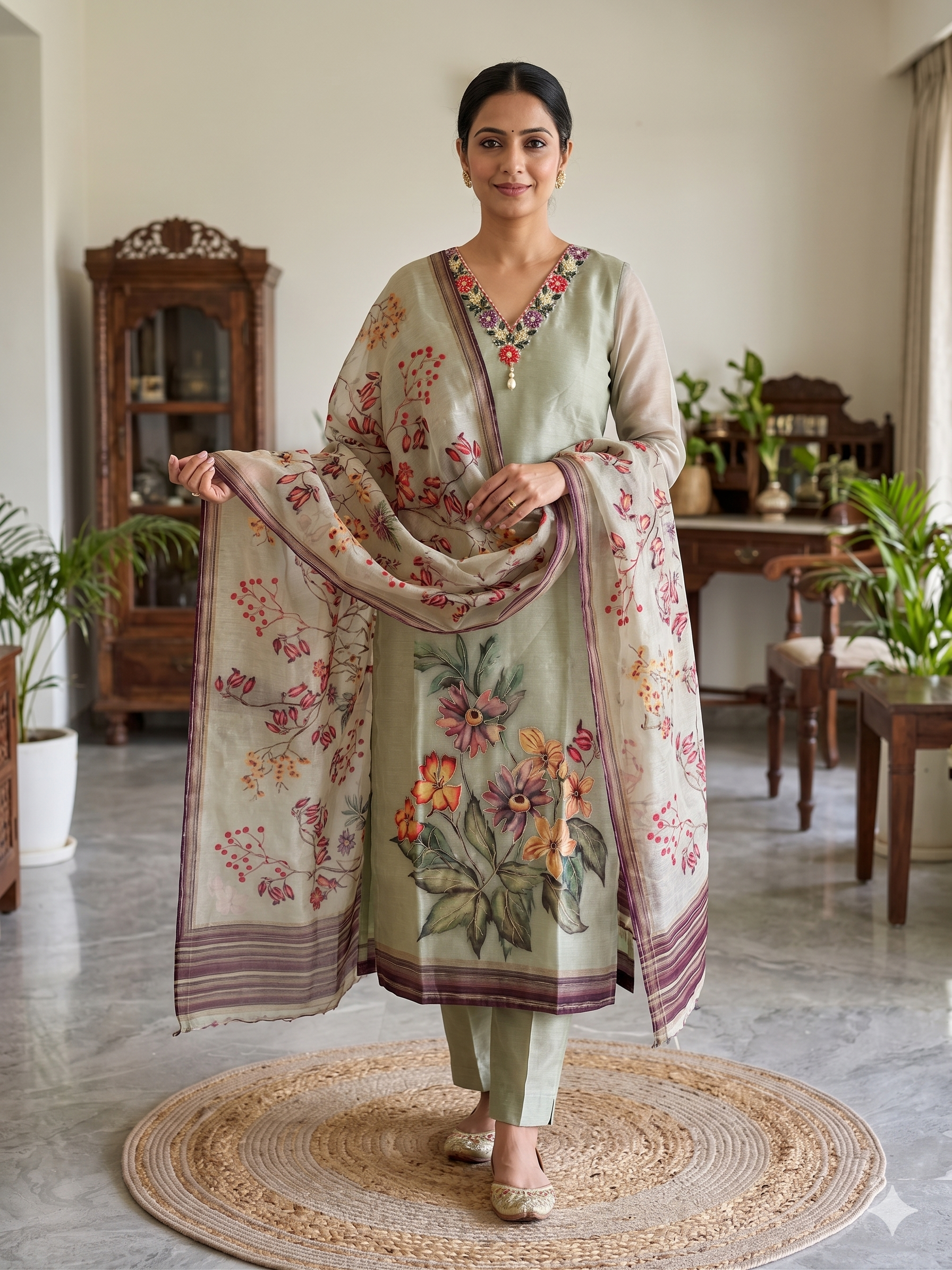 A4053- Silk Suit featuring Floral Foil Outline Digital Print, Handcrafted Neckline Detailing, matching Pants & a Lightweight Printed Dupatta,