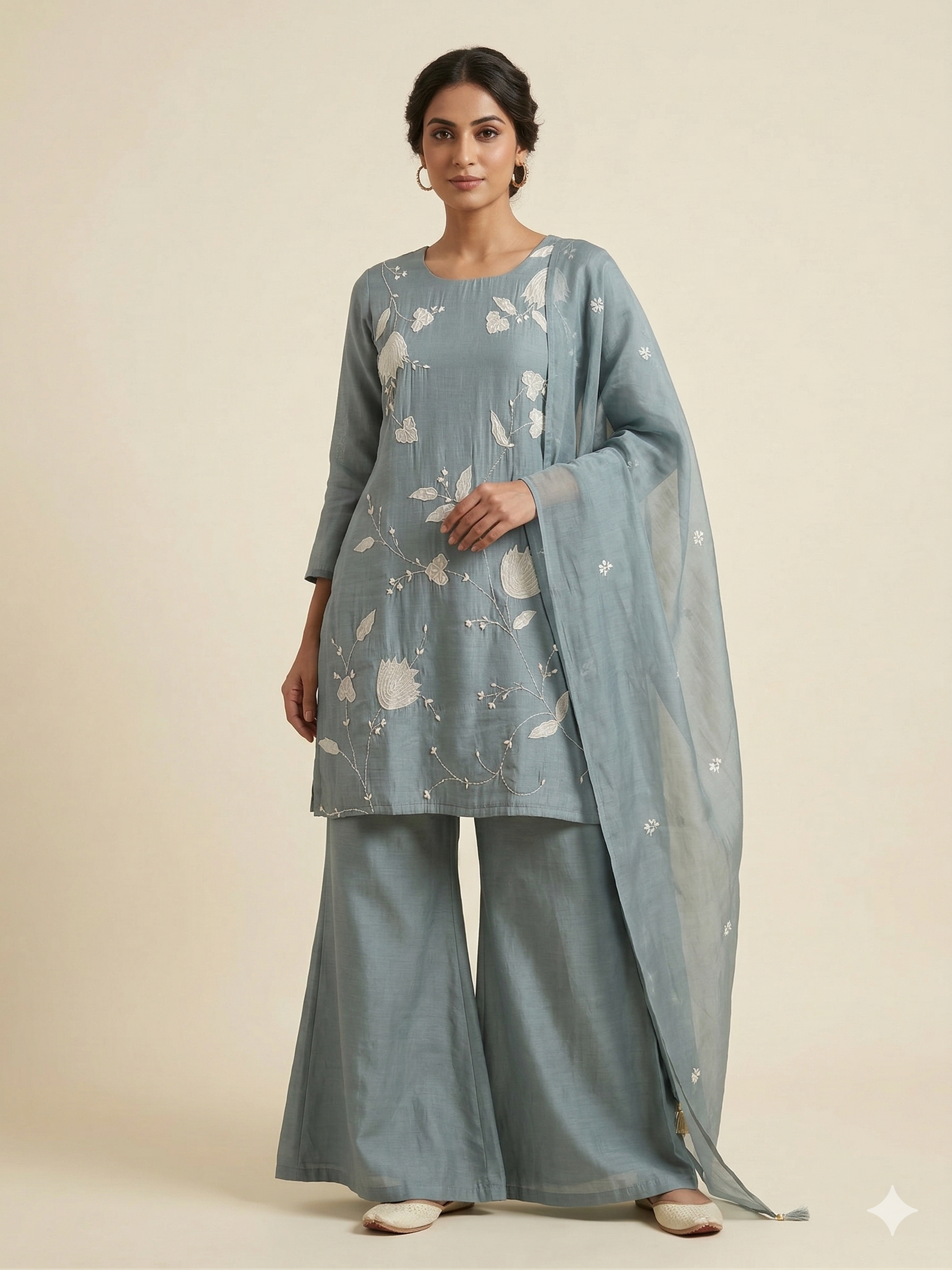 A3899 - Chanderi Silk Short Kurti with Appliqué work, Flared Plazo & Dupatta.