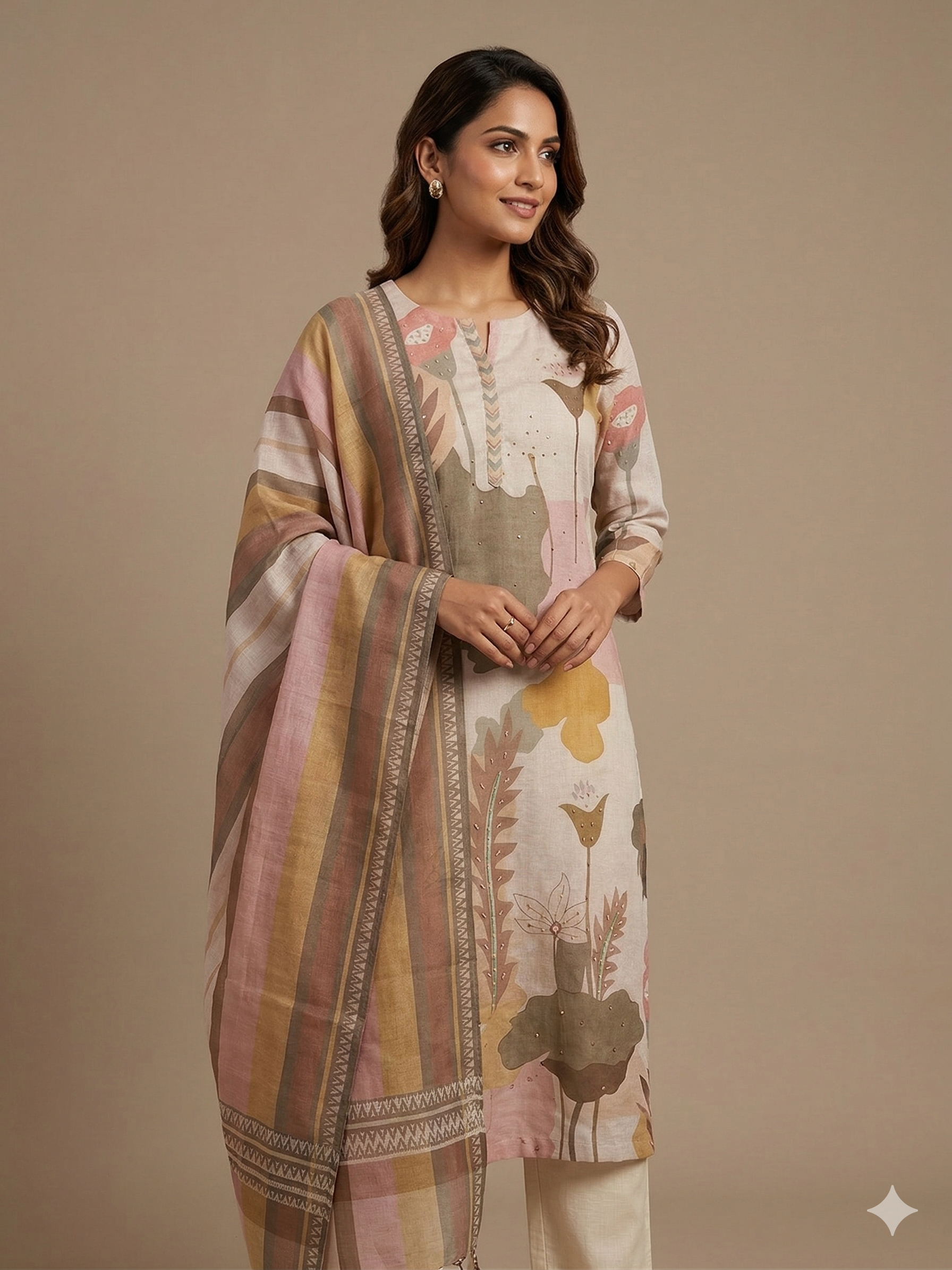 A3953 - Pure Linen Kurti with Minimal Handwork, paired with Pants & Dupatta.