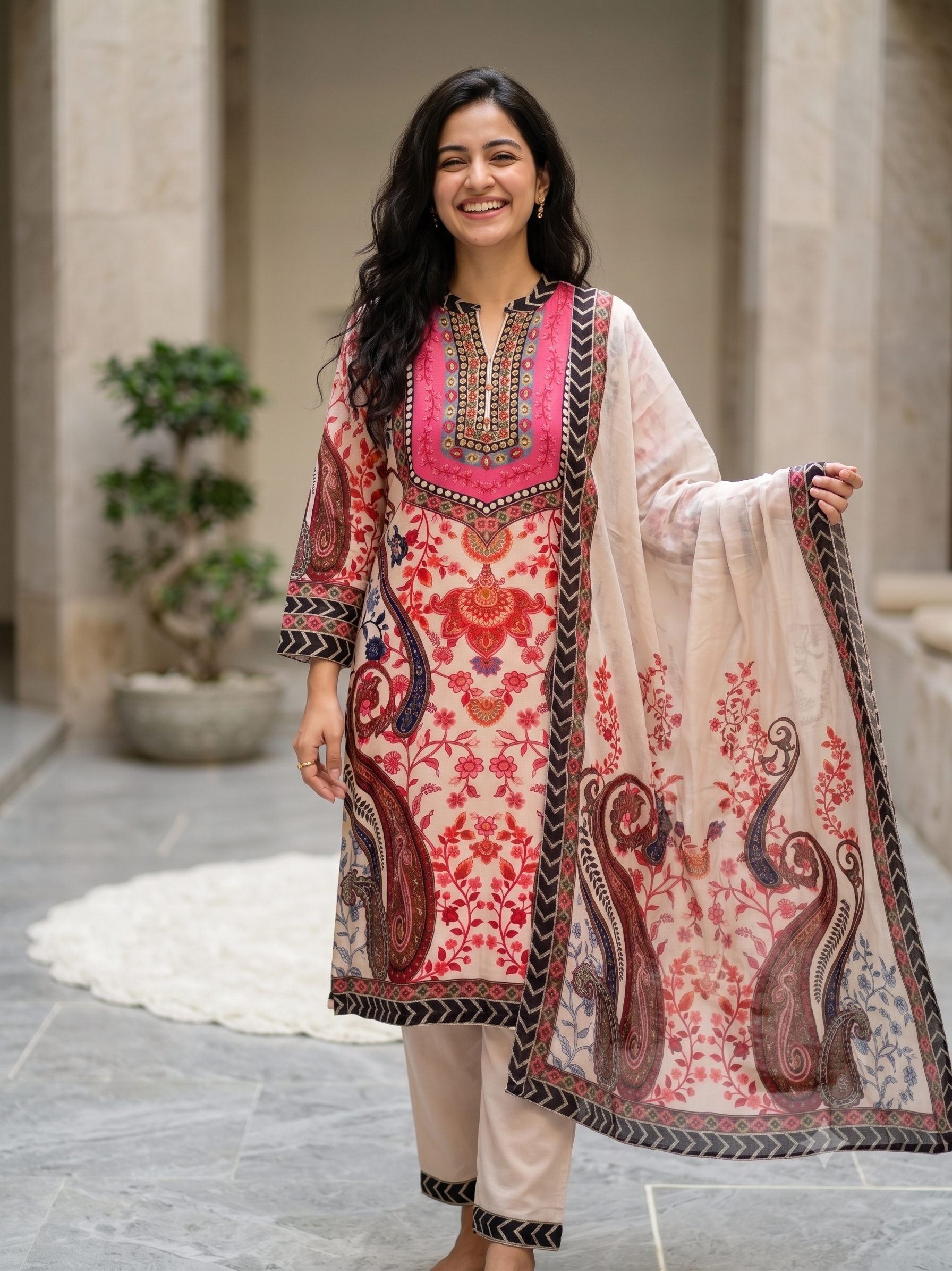 A2686- Pure Italian Silk Suit featuring Vibrant Floral & Paisley Prints with elegant Neckline Detailing, paired with Pants & Dupatta.