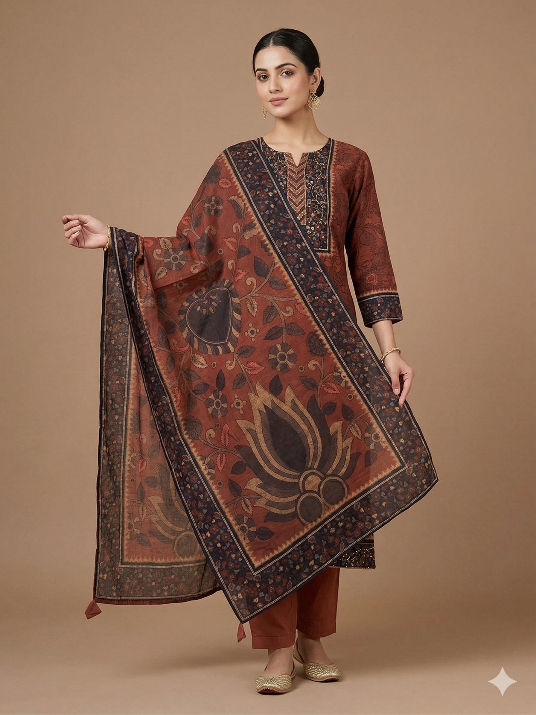 A1585 - Pure Cotton Kalamkari Kurti  with Pants & Dupatta