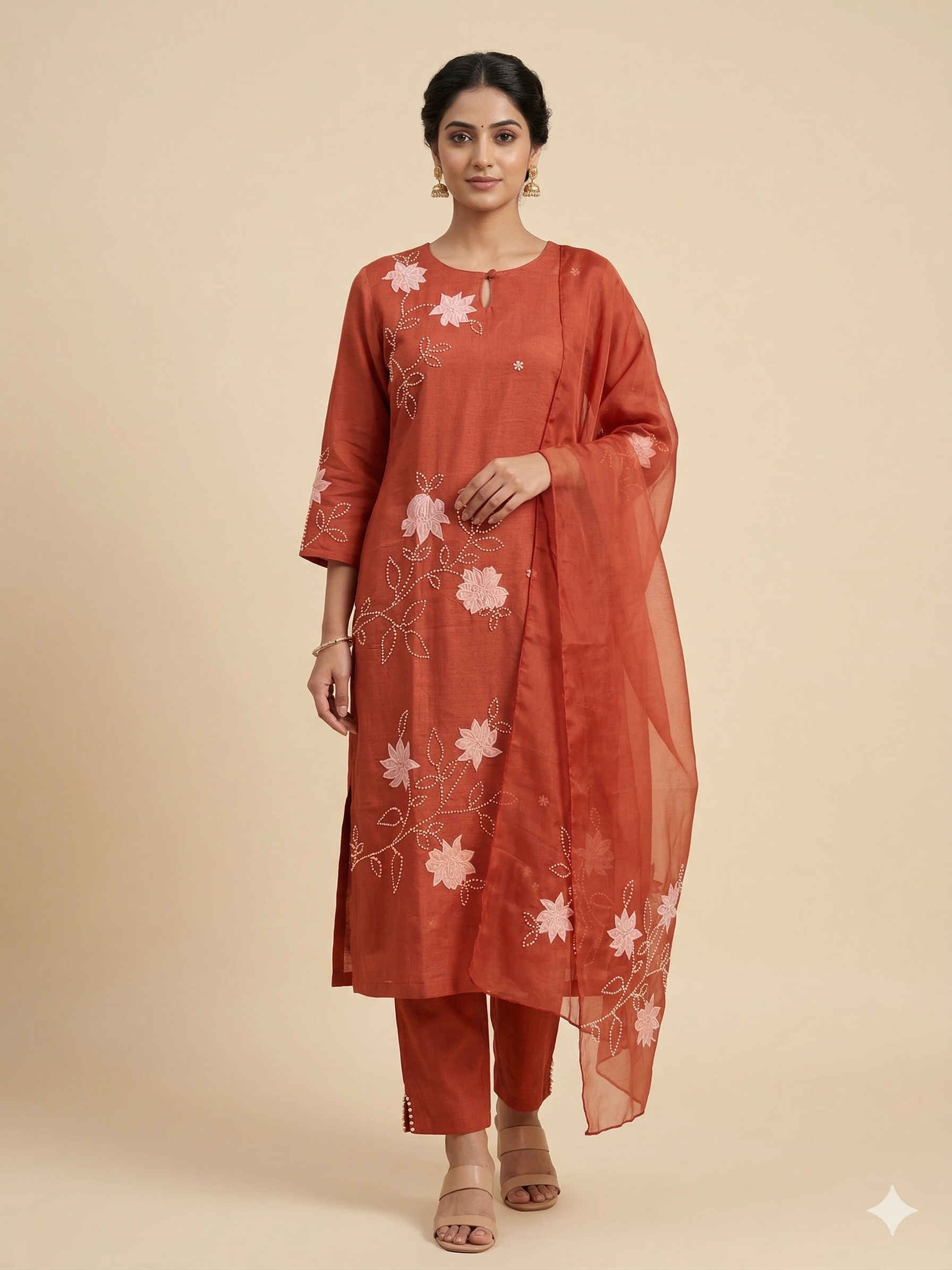 A1590 - Dola silk applique work straight kurti with pants & dupatta