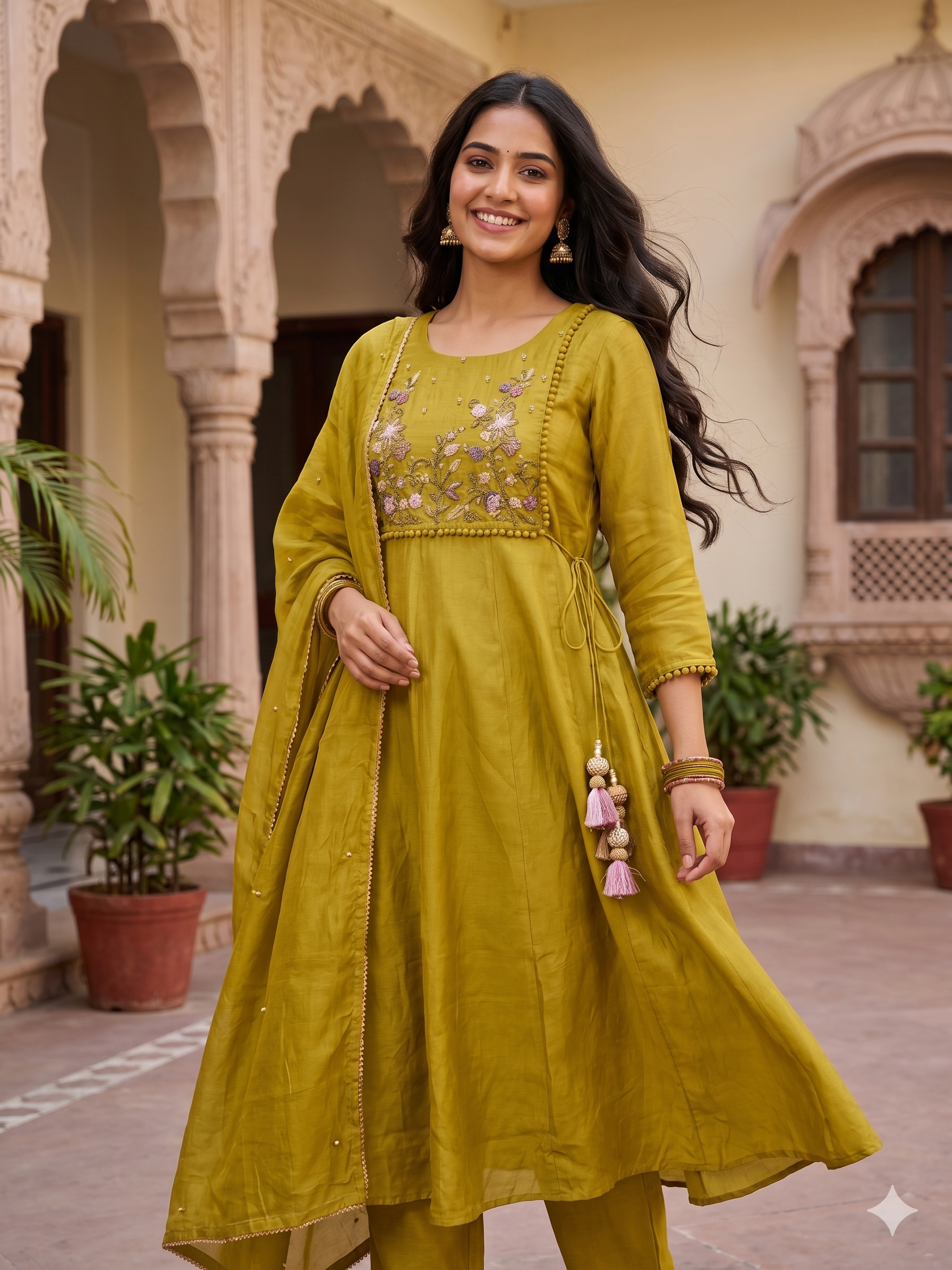 A2642- HO Silk A-Line Suit featuring an Overlap Jacket-Style Hand Embroidered Heavy, Paired with Pants & a Dupatta.