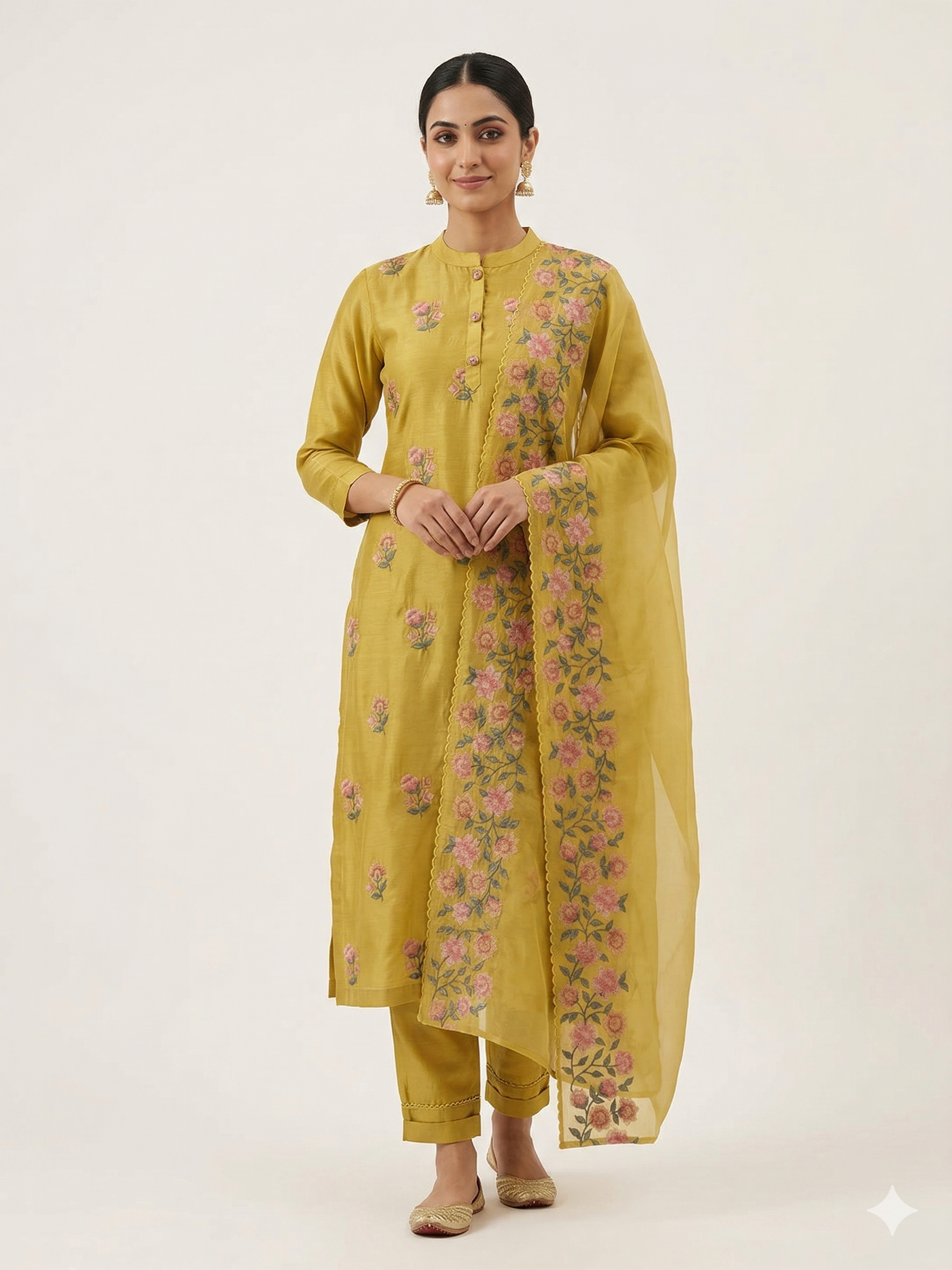 A3961 - Pure Dola Silk suit with French knot Embroidery and Organza Border Dupatta.