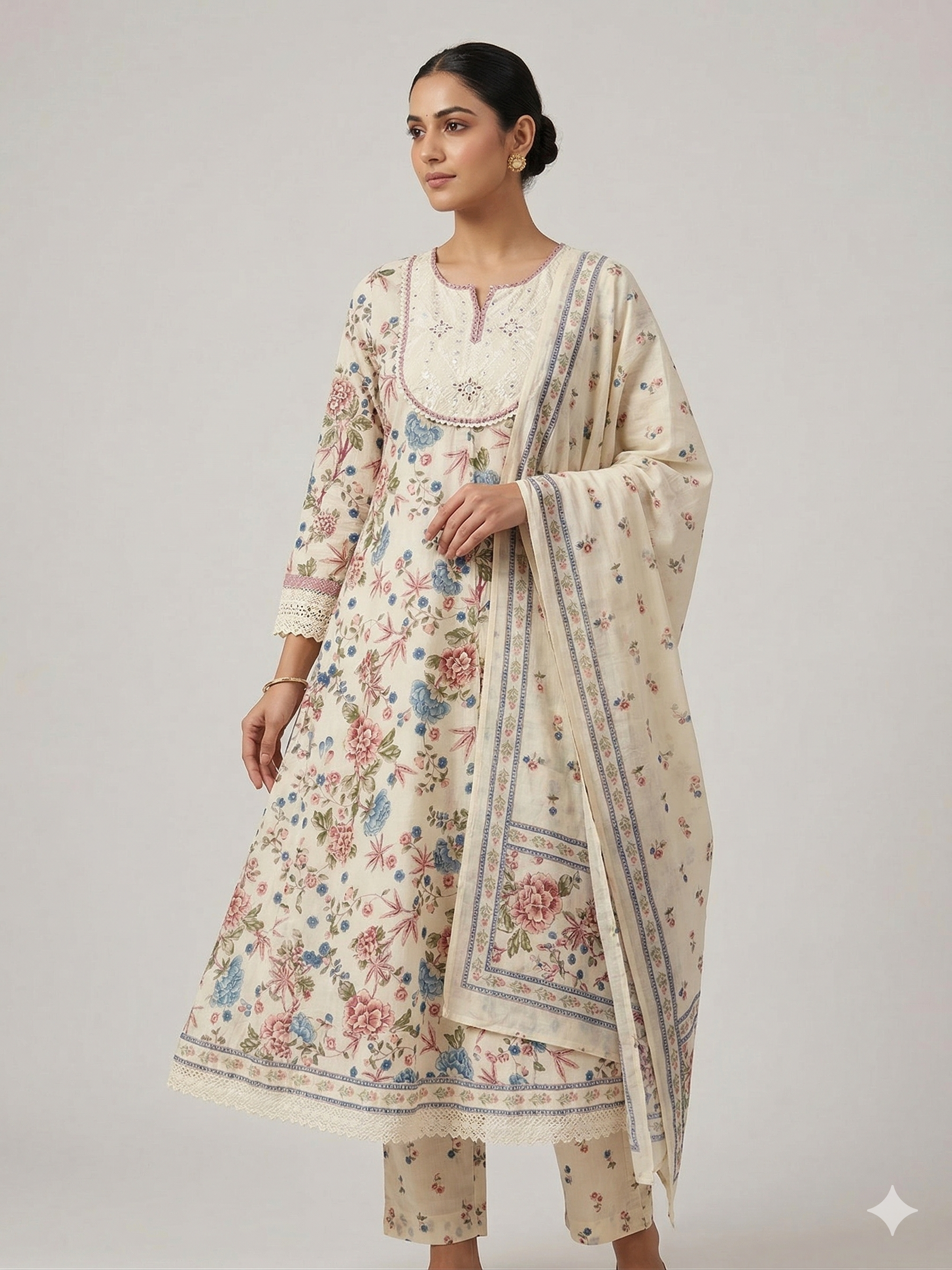 A4012 - Pure Cotton Anarkali with minimal Neckline detailing, Pants and Dupatta.