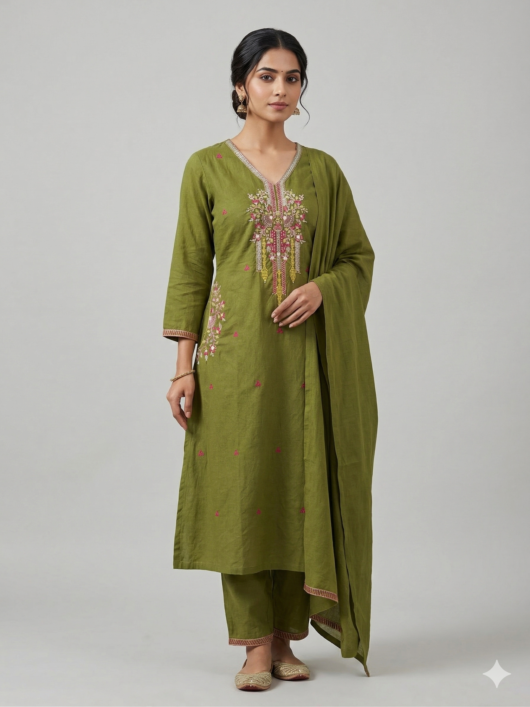 A2831 - Pure cotton embroidered straight kurti with pants & dupatta