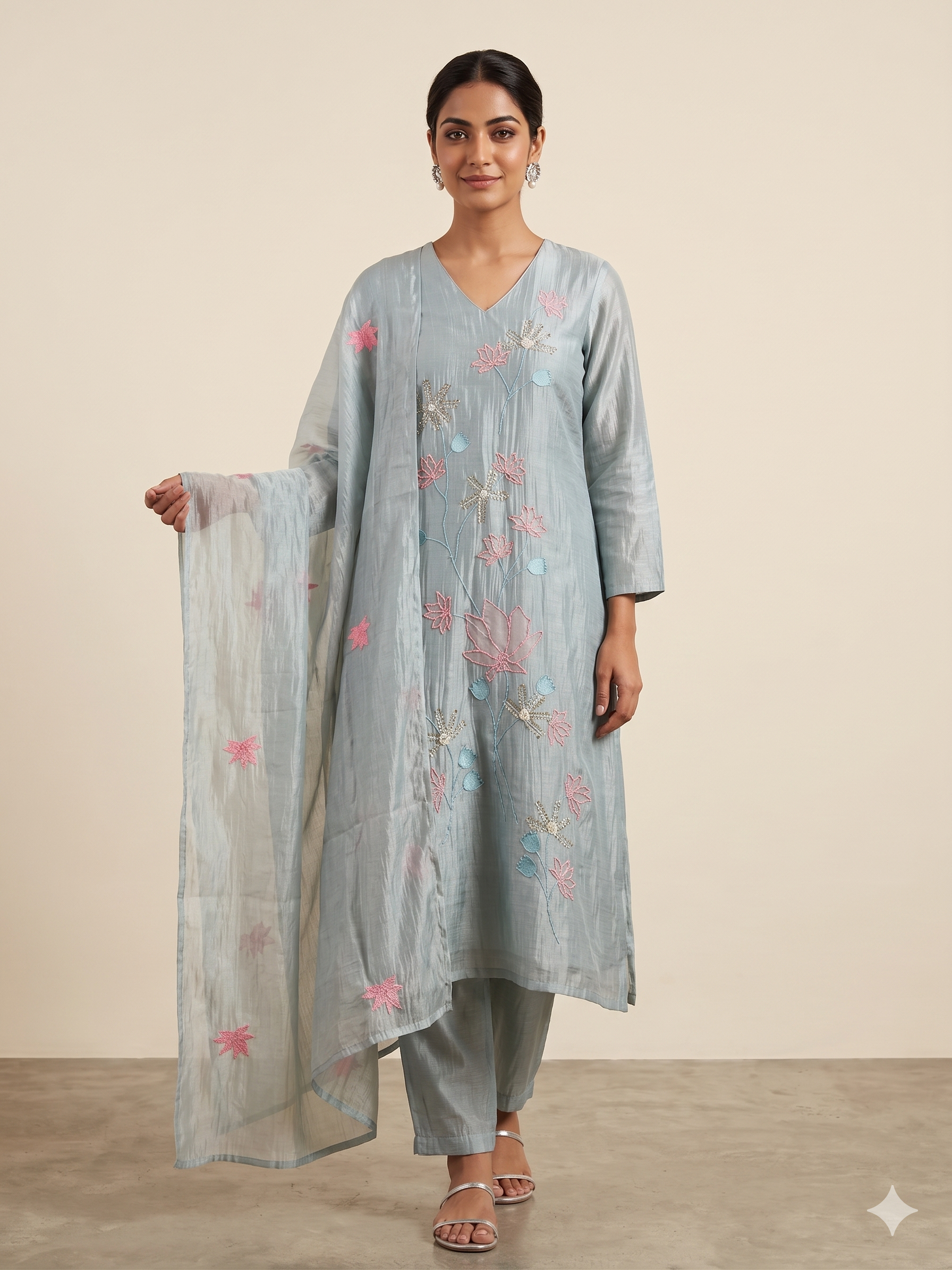 A4145 - Pure Mul Chanderi Kurti with delicate embroidery & beadwork, paired with Pants and Dupatta.
