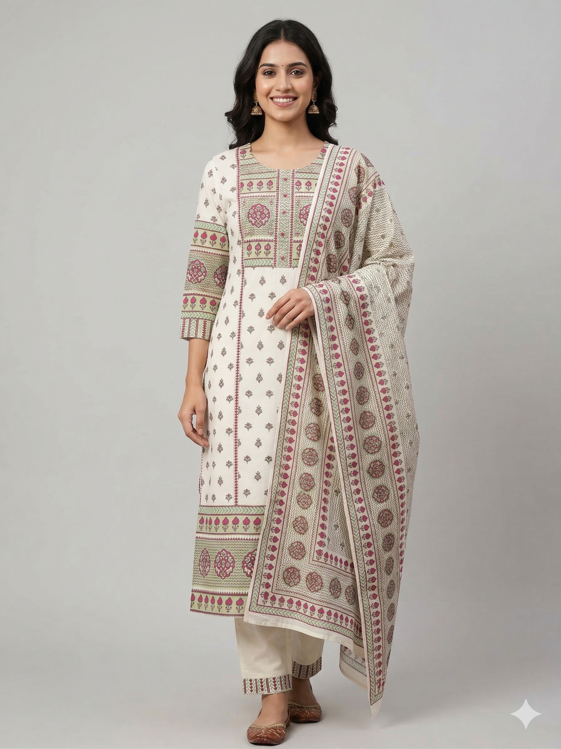 A3896 - Pure Cotton Suit Set with Floral Block Print & Mul Mul Dupatta