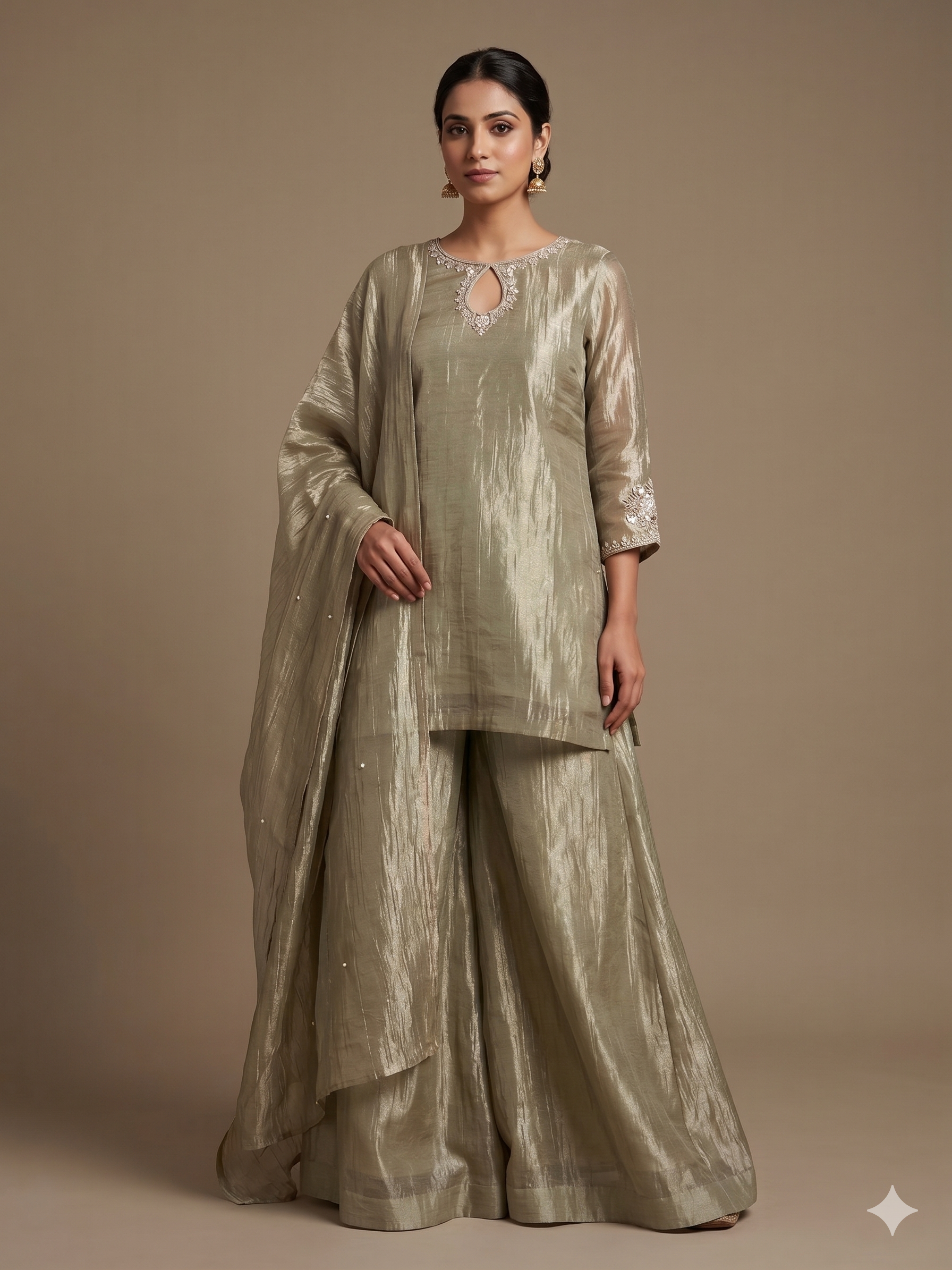 A4140 - Crush Glass Tissue  Handwork Short Kurti with Divider Pants & Dupatta.