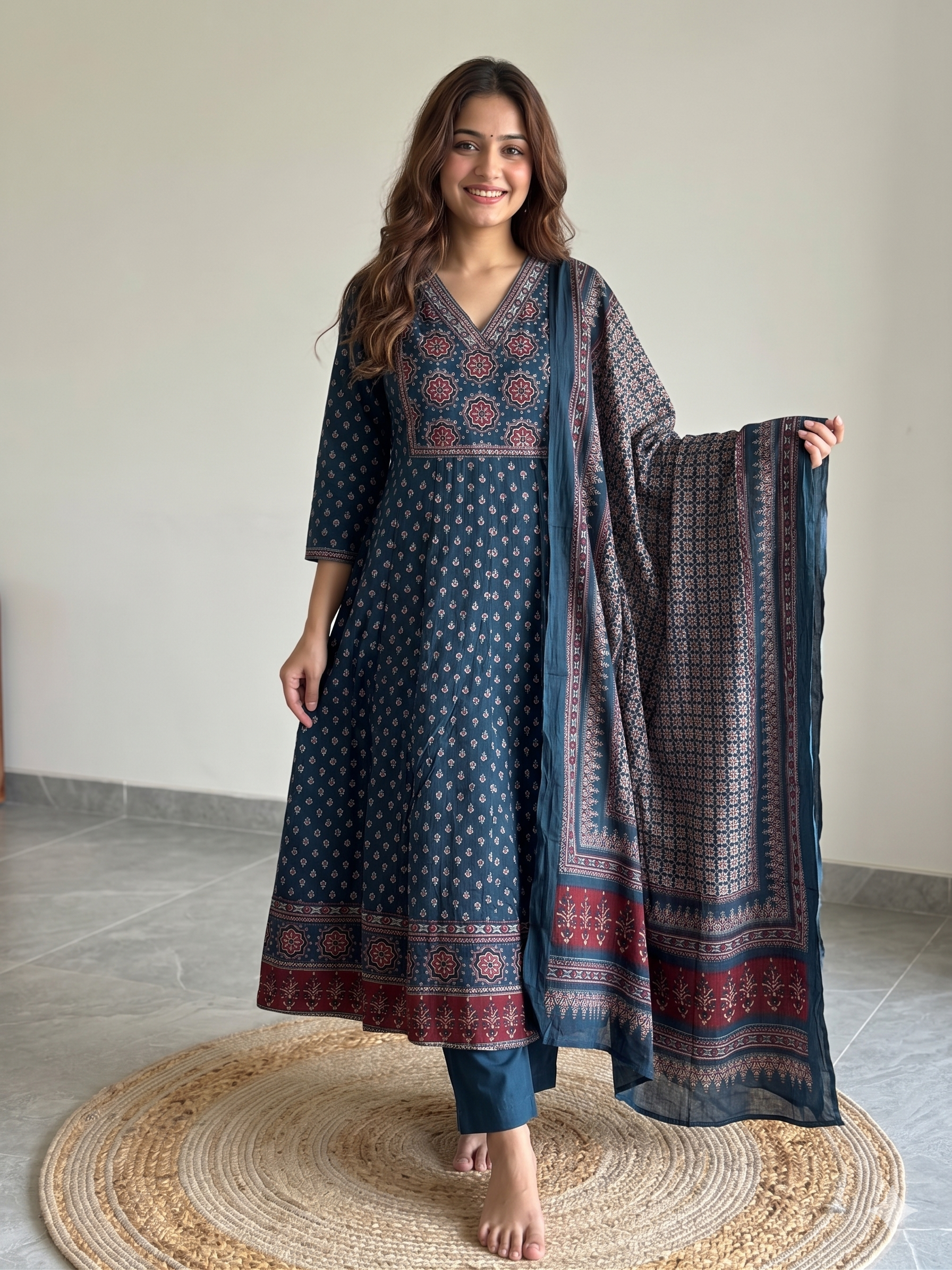 A3927- Floral Printed Anarkali Suit crafted in Soft Cotton, paired with Printed Pants & Dupatta.