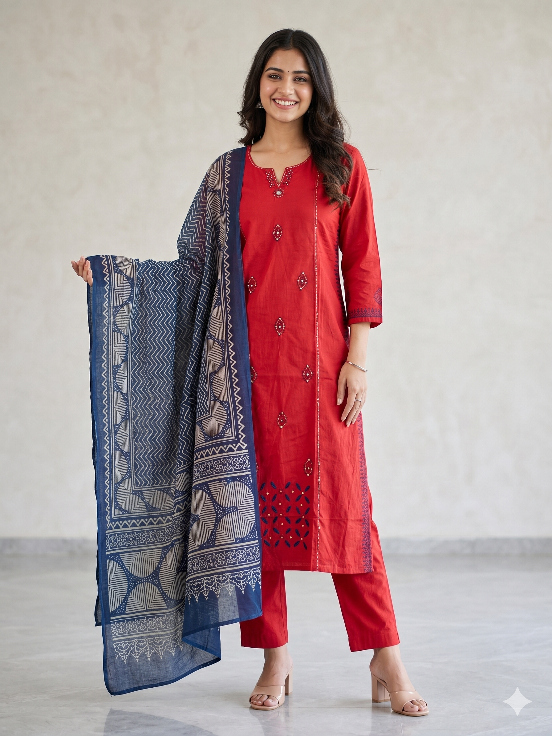 A4009- Pure Cotton Solid Kurti with minimal Katha Embroidery, Mirror Work & Applique Detailing matching Pants & Contrast Kota Doriya Dupatta.