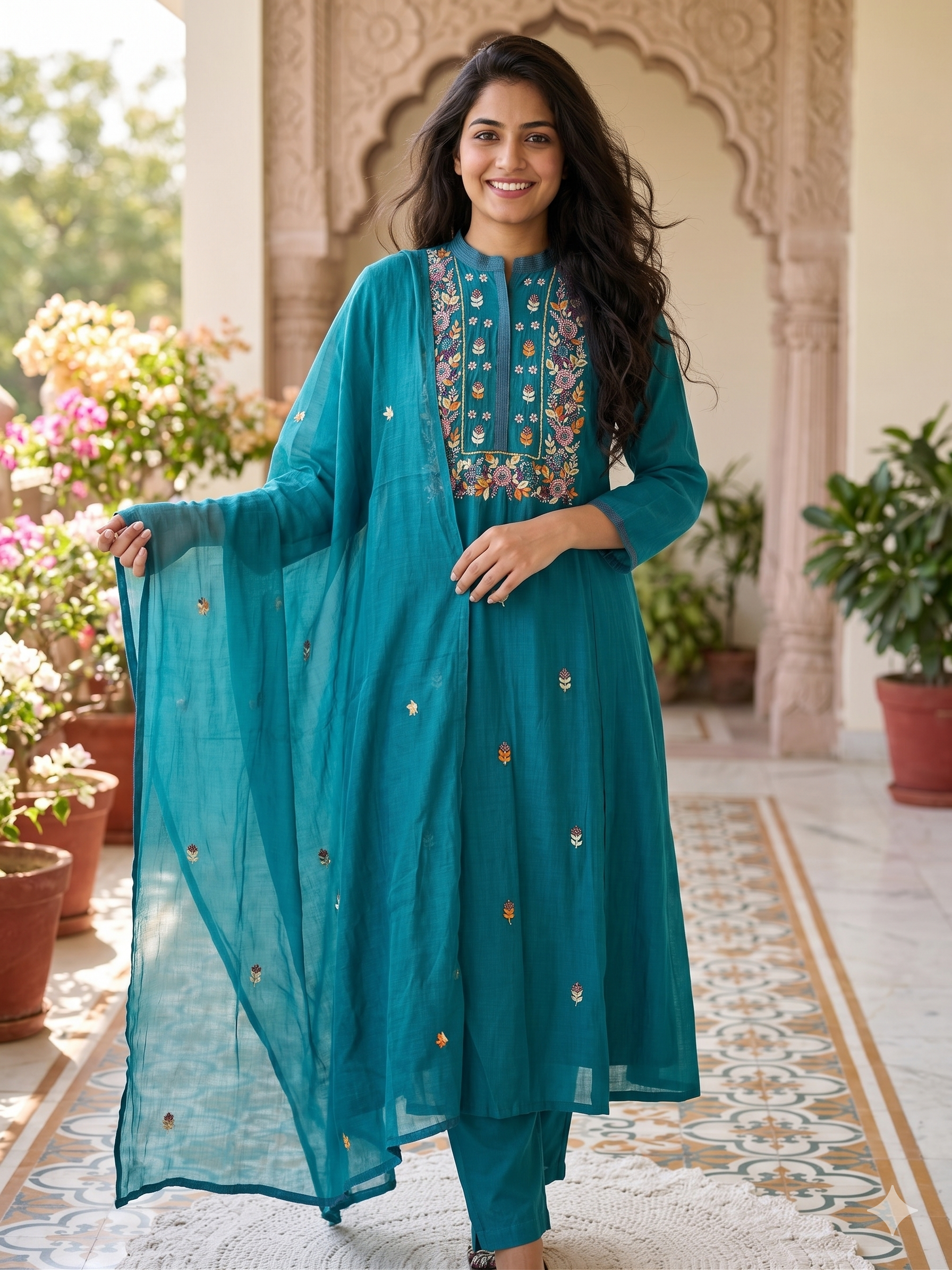 A1644- Chanderi Silk A-Line Suit with Handwork on the Yoke & delicate motifs all over, paired with Pants and Embroidered Dupatta.