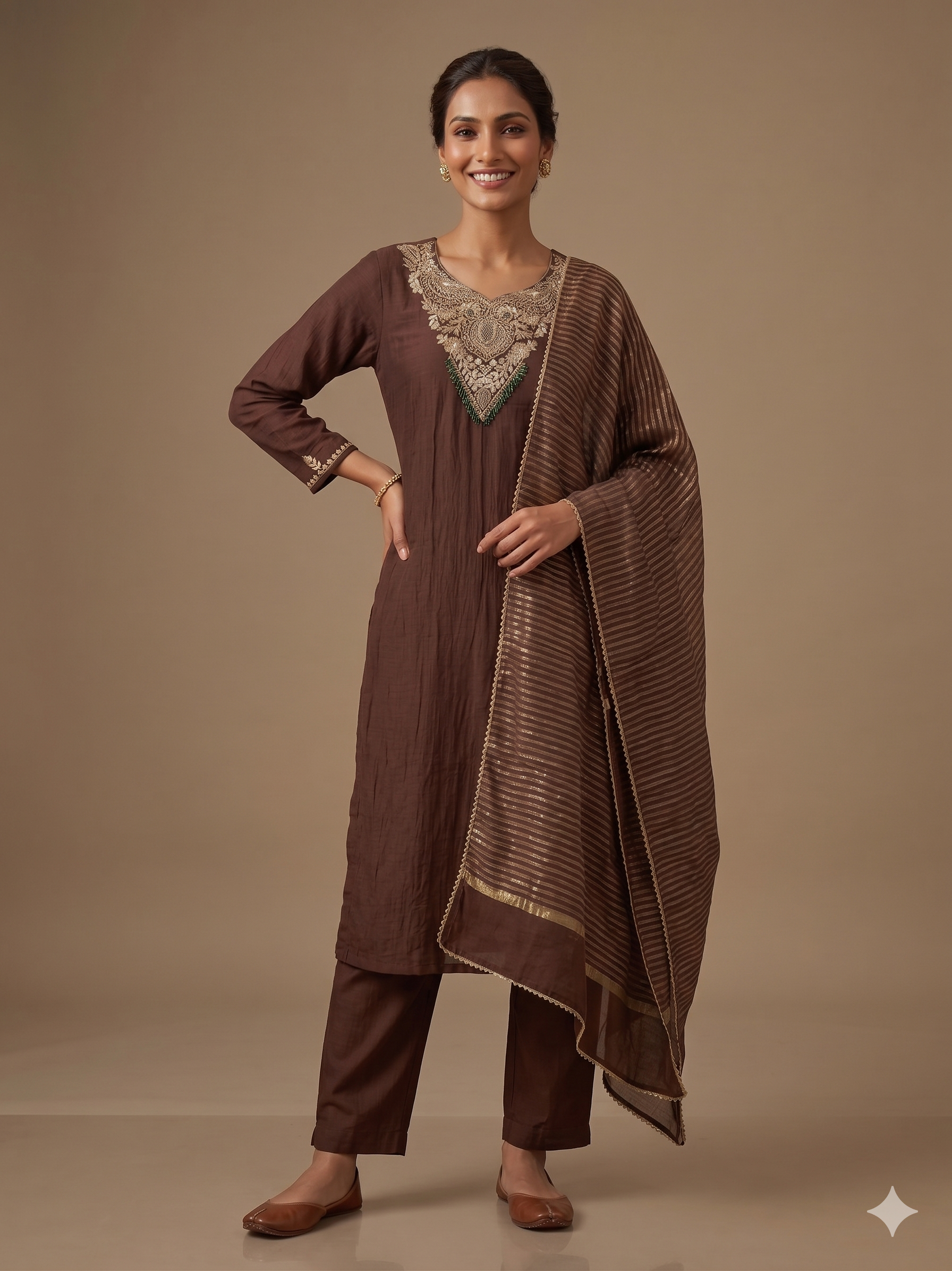 A4151 - Mul Chanderi Handwork A-lign Kurti with Pants & Dupatta.