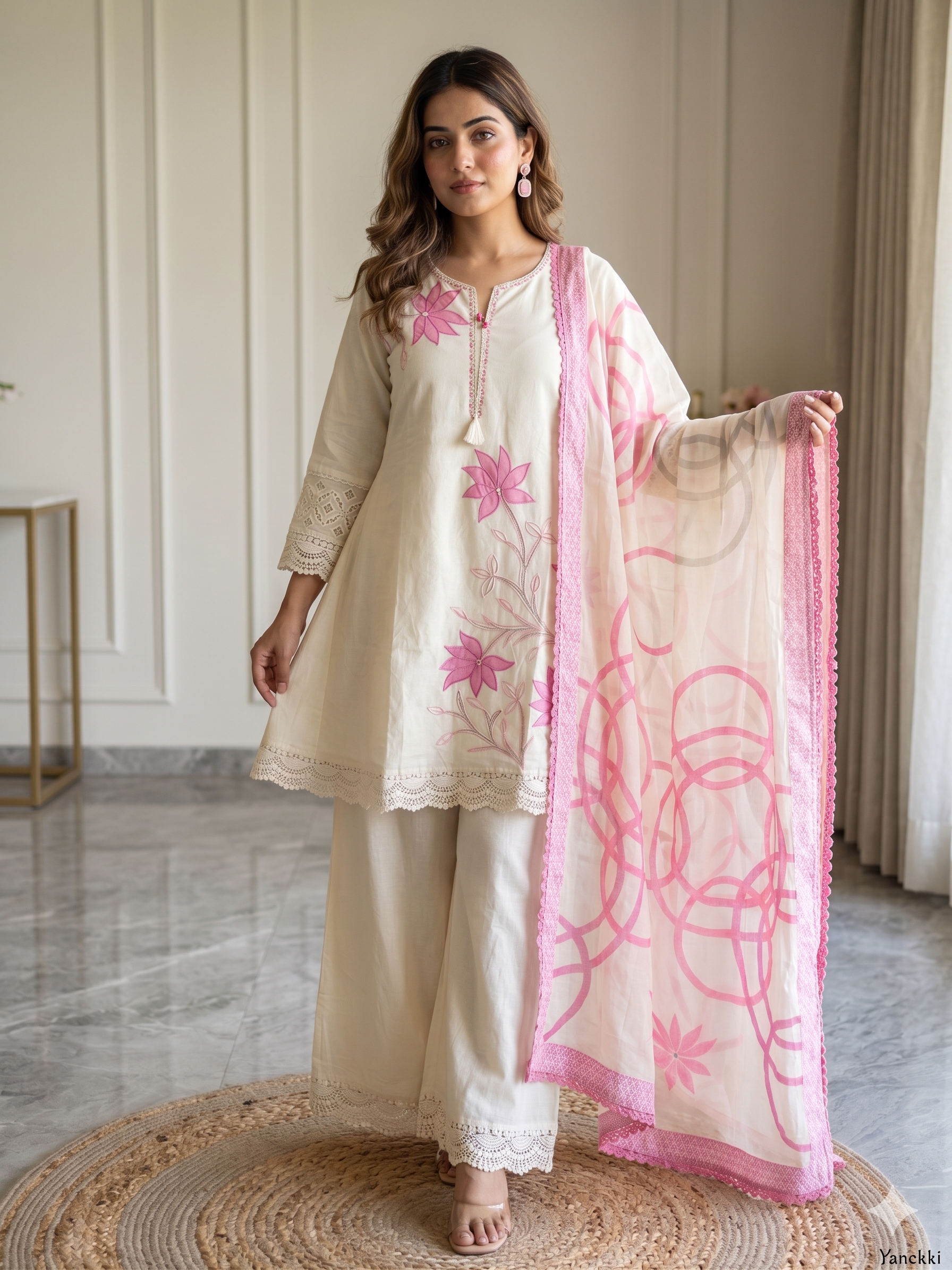 A4058 - Pure Cotton Short A-Line Top Set featuring Intricate Floral Applique Embroidery & Delicate Crochet Lace Detailing, paired with Palazzo Pants & an Elegant Jamdani Dupatta.