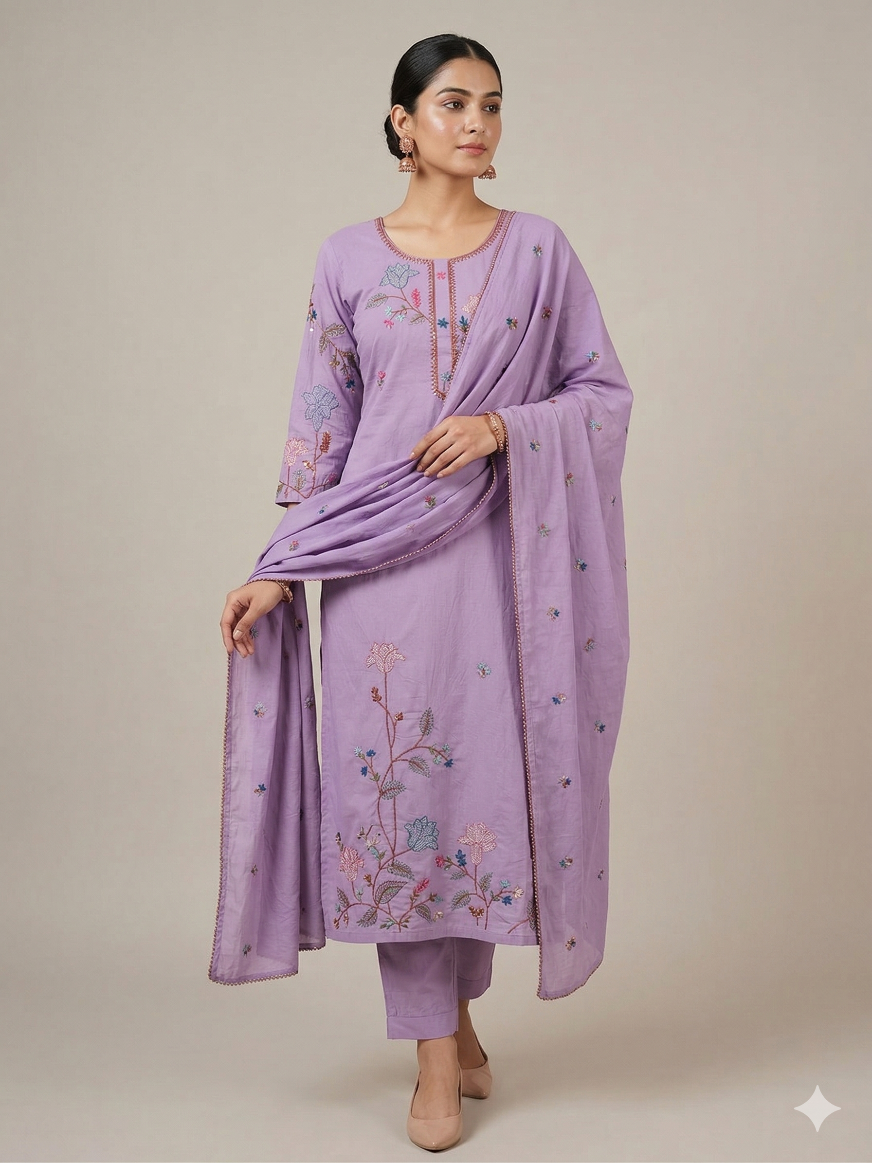 A3895 - Mul Cotton Kurti with Katha Embroidery, paired with pants & dupatta.