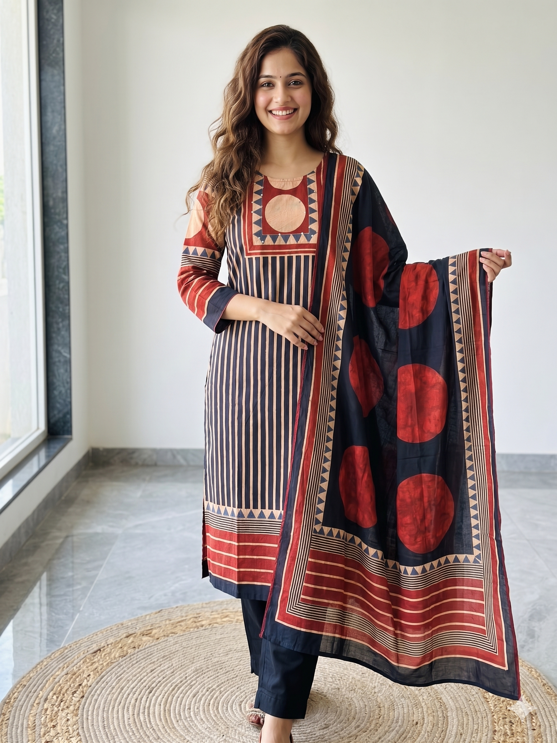 A4032- Pure Cotton Suit featuring Bold Geometric Stripes, Circular Motifs, matching Pants & Dupatta.