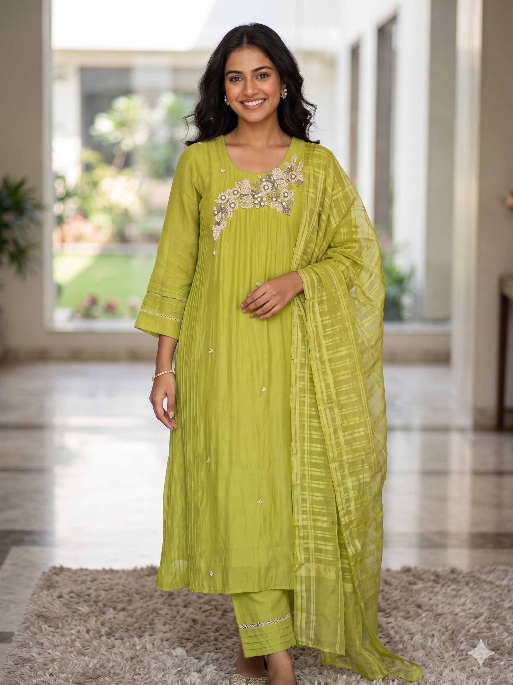 A1664 -Pure Mul Chanderi A-Line Suit featuring 3D Floral Handwork on the Neckline, paired with Pants & Organza Dupatta.