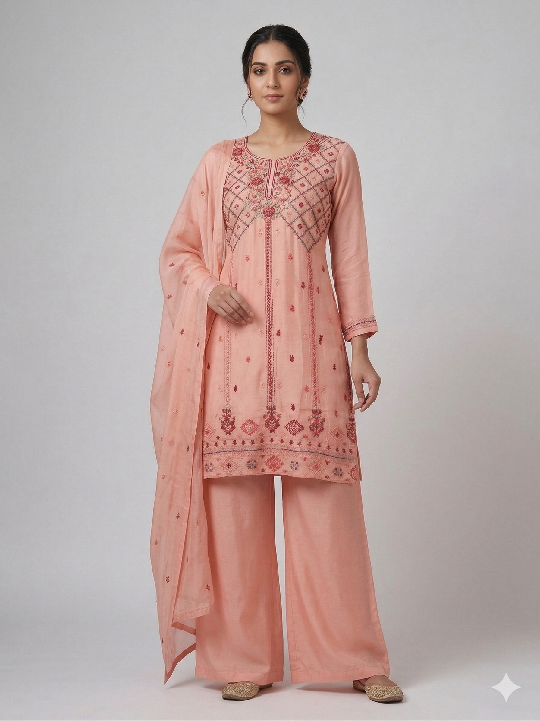 A1568 - Pure Chinon Kurti featuring Intricate Chikankari work, paired with Plazo & Dupatta.