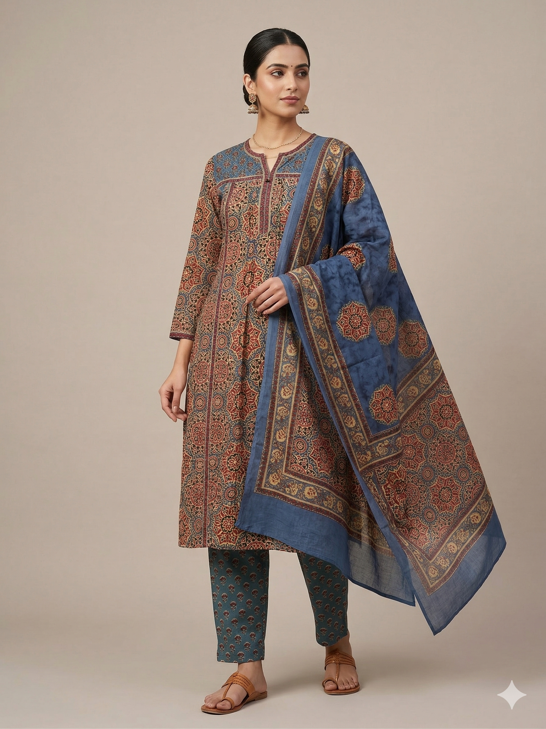 A3902 - Pure Cotton Ajrakh Print Suit with Contrast Bottoms and a Coordinated Dupatta.