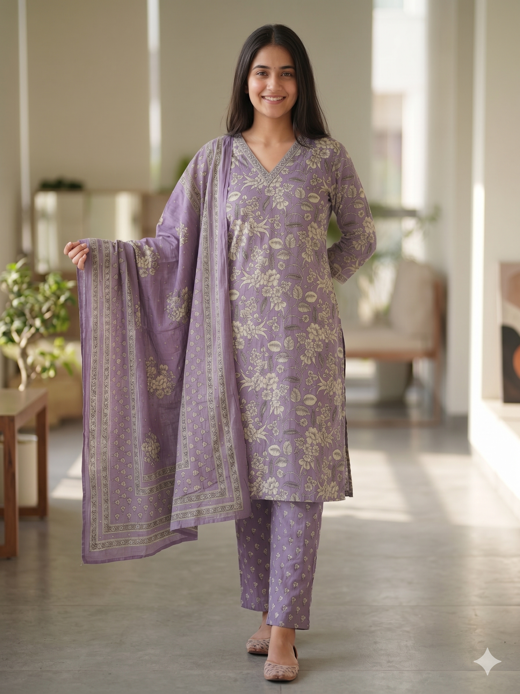 A4022- Pure Cotton Suit with Floral Prints, Paired Pants & Kota Doriya Dupatta.