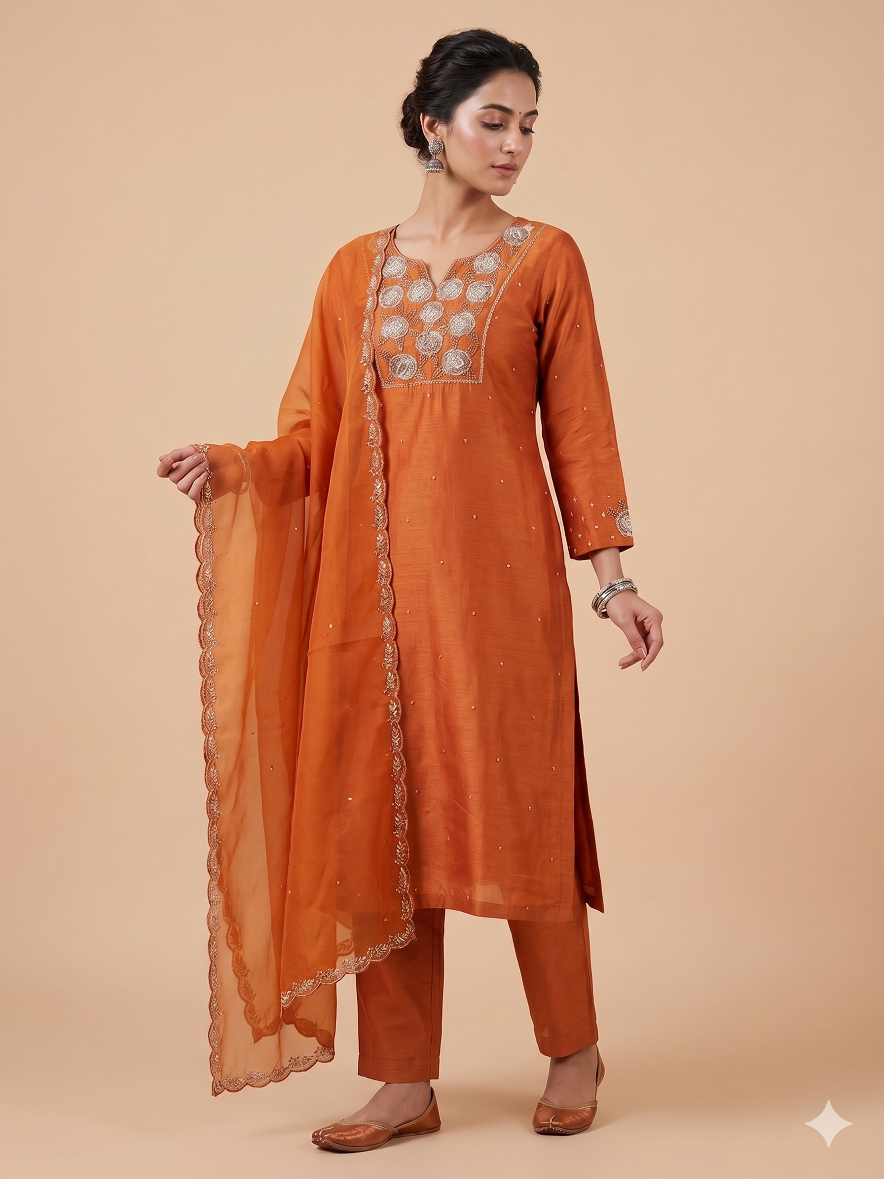 A1557 - Pure Dola Silk Kurti with Intricate 3D Handwork Zardosi detailing, paired with Pants & Organza Dupatta