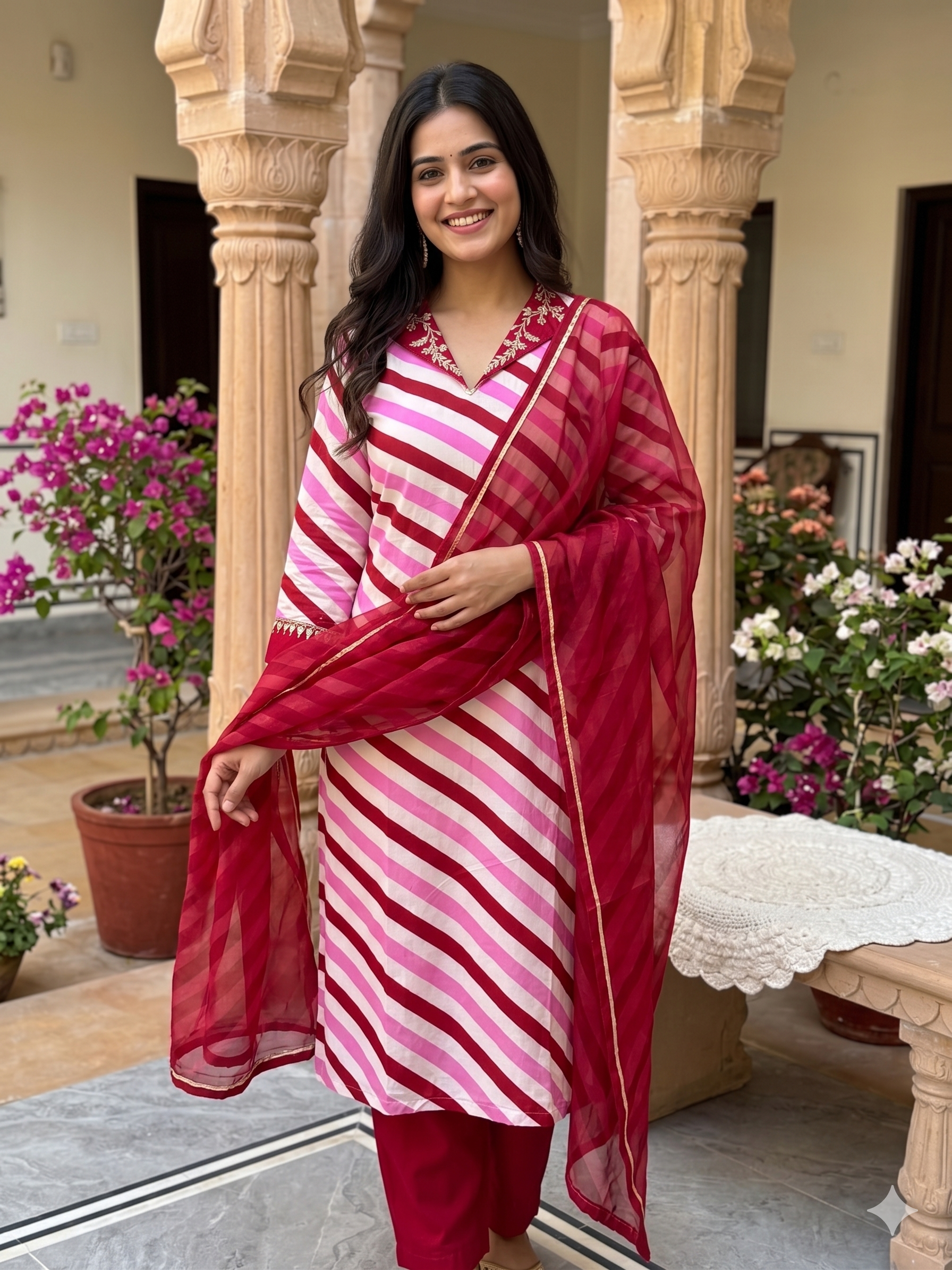 A1105- Leheriya Cotton Silk Suit Set featuring Embroidered Neckline, contrasting Pants & Organza Dupatta.