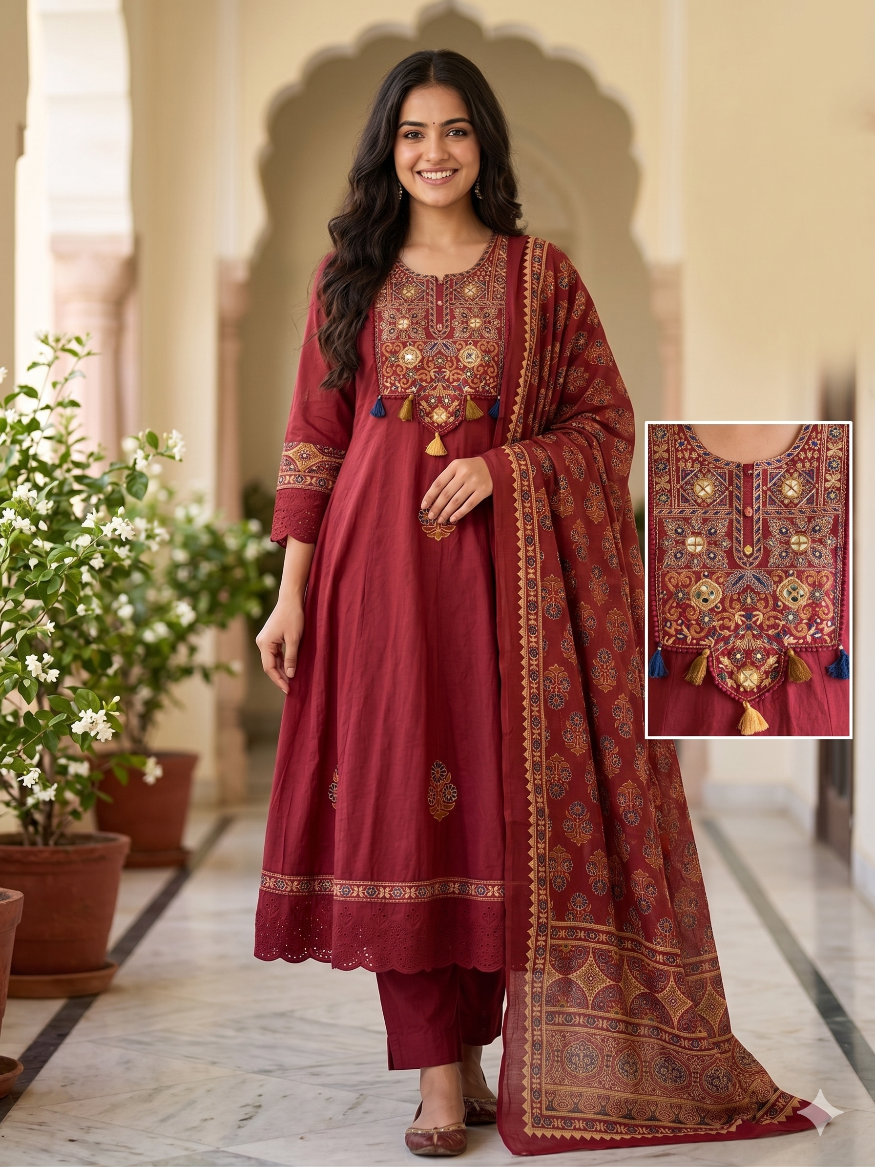 A3948- Pure Cotton Solid Anarkali Suit with Embroidered Yoke, Ajrakh-inspired Printed Accents, matching Pants & Printed Dupatta.