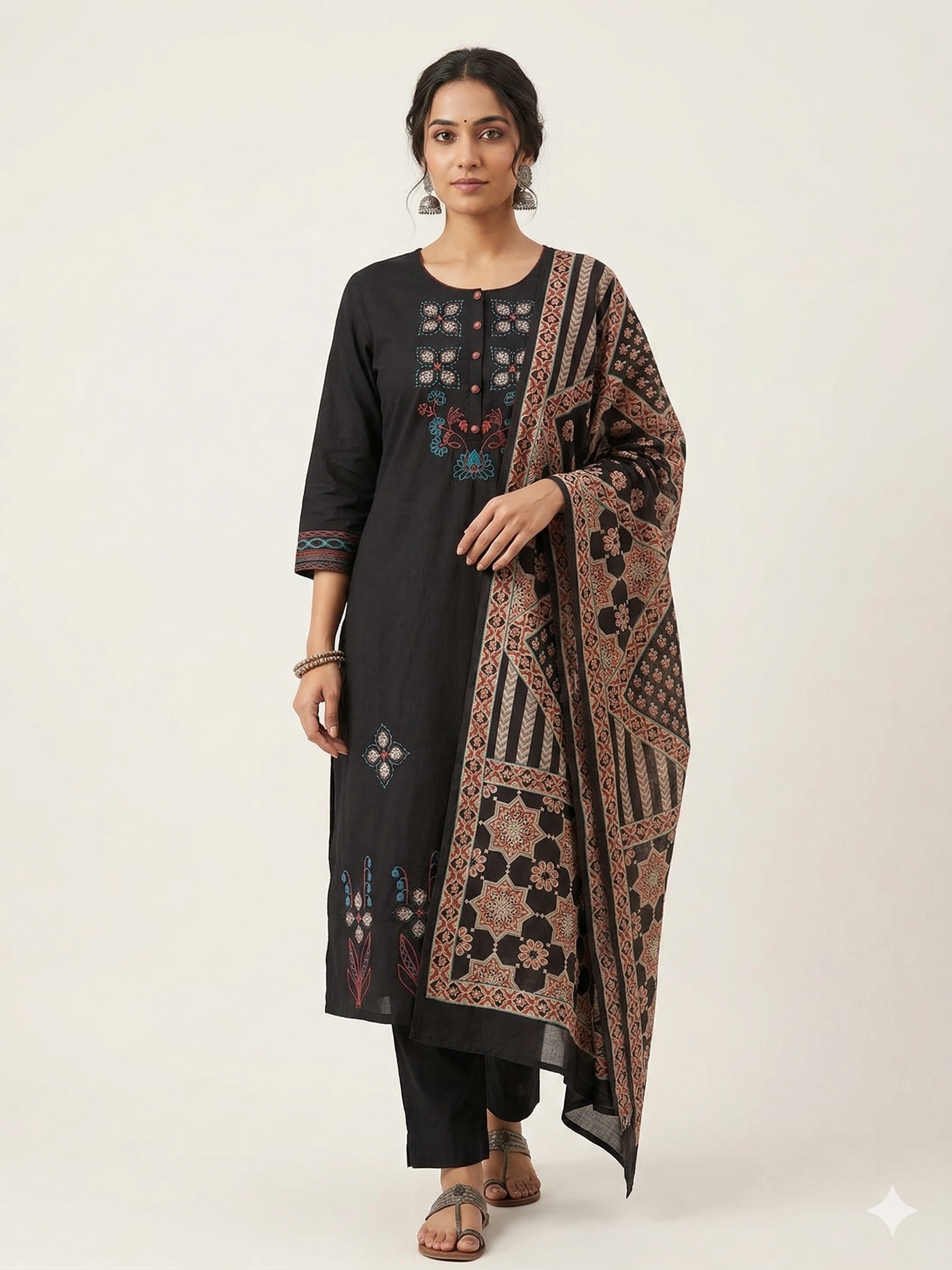 A4035 - Black Embroidered Suit set with a Statement Patchwork Printed Dupatta.