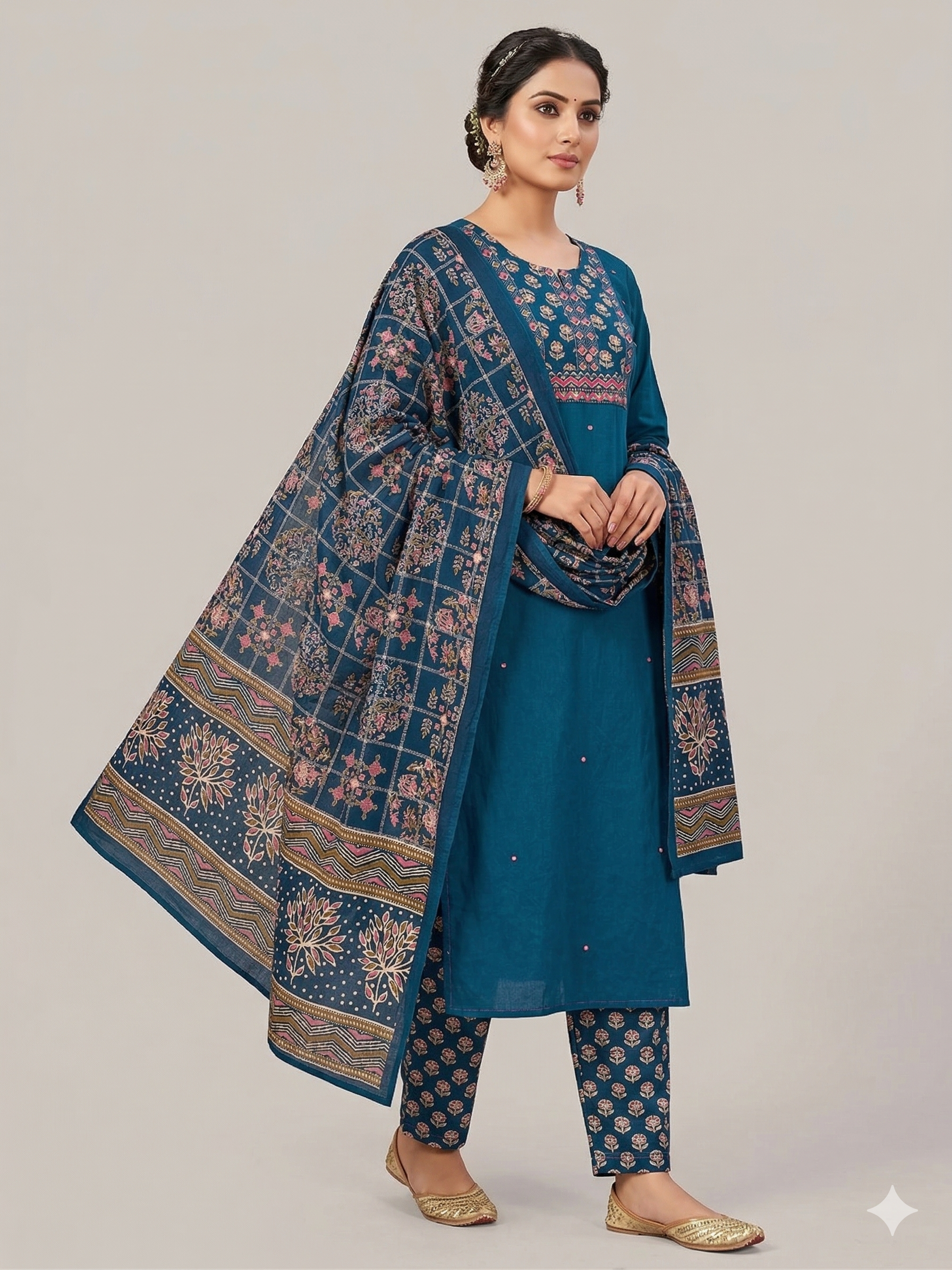A2812 - Pure Cotton straight Kurti with york detailing, printed Pants and Dupatta.