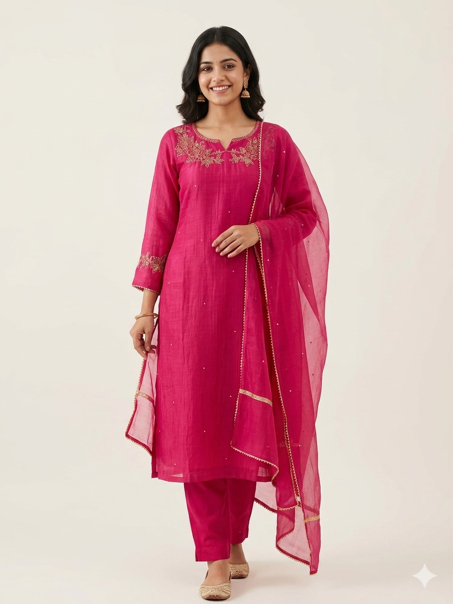 A4147- Mul Chanderi suit with Hand-Embroidered Zardozi detailing, paired with matching Pants & Dupatta.