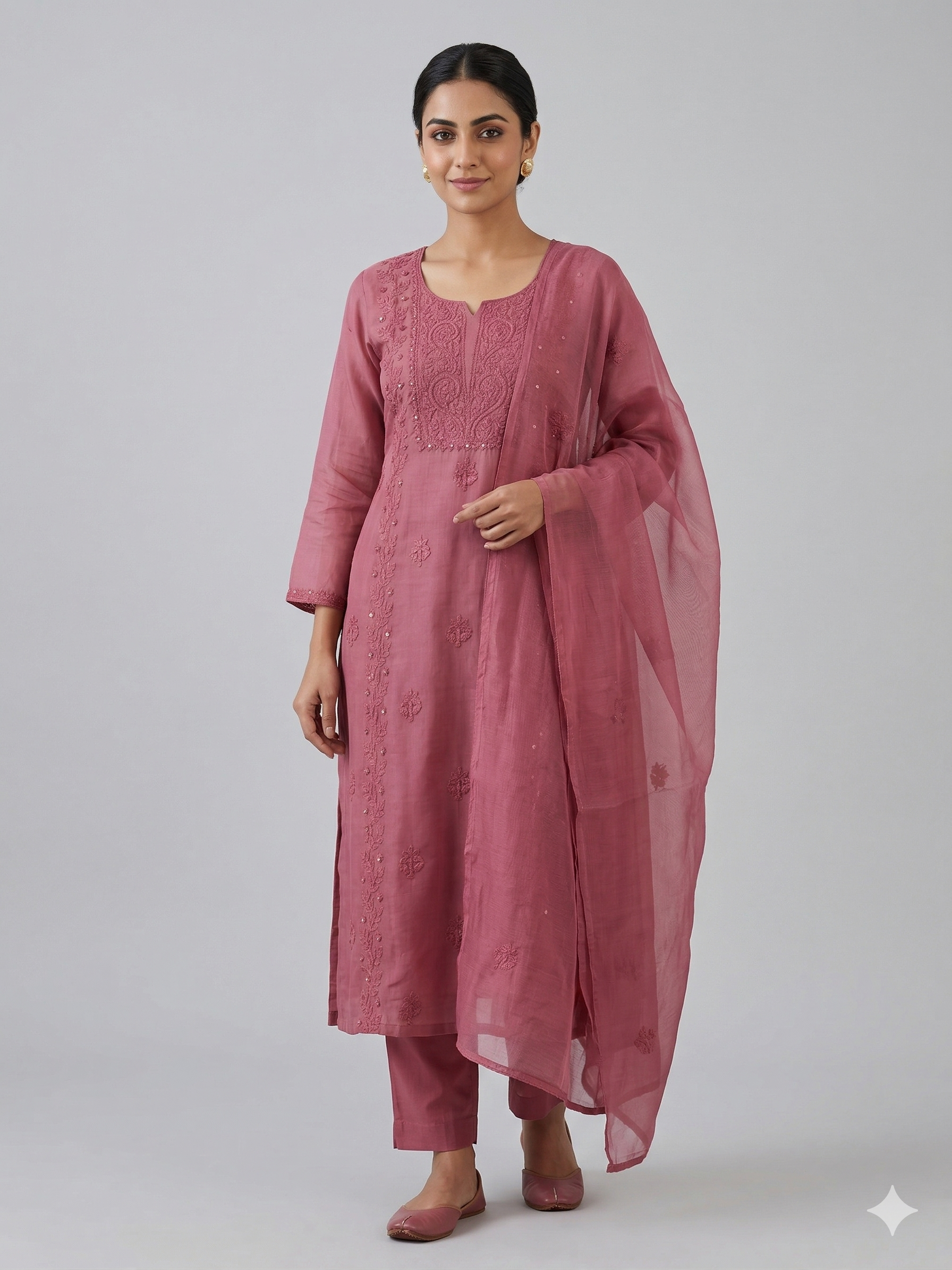 A1587 - Organza Kurti featuring Intricate Chikankari work, paired with Pants and Dupatta.